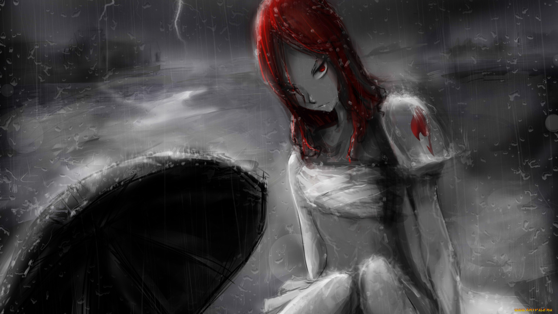 аниме, fairy, tail, сказка, о, хвосте, феи, fairy, tail, дождь, erza, scarlet, молния, зонт, девушка, арт