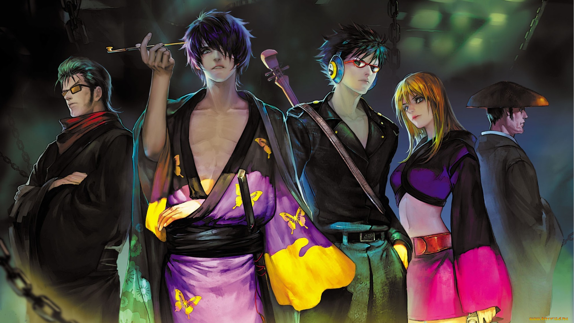 аниме, gintama, кимоно, elna, арт, парни, девушка, takechi, henpeita, наушники, цепь, очки, шляпа, пистолет, оружие, трубка, okada, nizou, takasugi, shinsuke, kawakami, bansai, kijima, matako