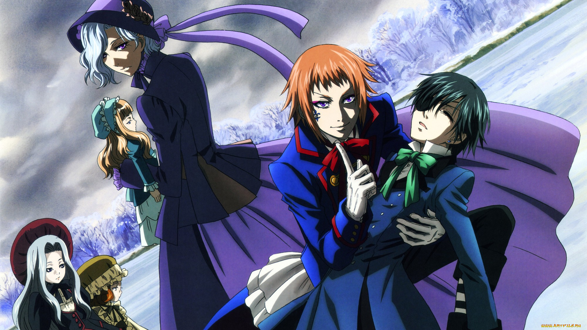 аниме, kuroshitsuji, фантомхайв, девушки, сиэль, кукловод, тучи, небо, деревья, зима, тёмный, дворецкий, озеро