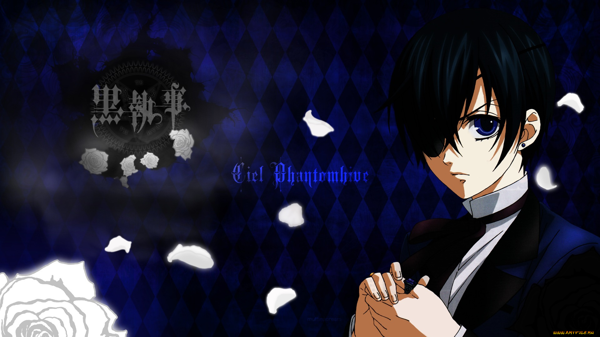 аниме, kuroshitsuji, взгляд, лепестки, белая, роза, фантомхайв, сиэль, тёмный, дворецкий