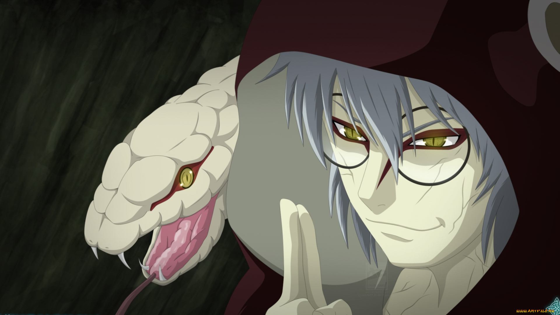 аниме, naruto, кабуто, змей, очки, капюшон, взгляд, парень, печать, руки, улыбка