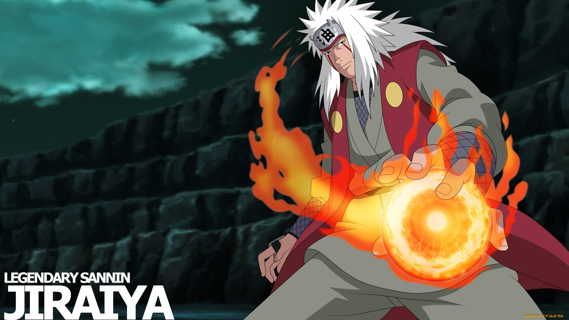 аниме, naruto, наруто, джирайя, сенсей, пламя, разенган, извращенный, отшельник, скала, небо, облака, ночь