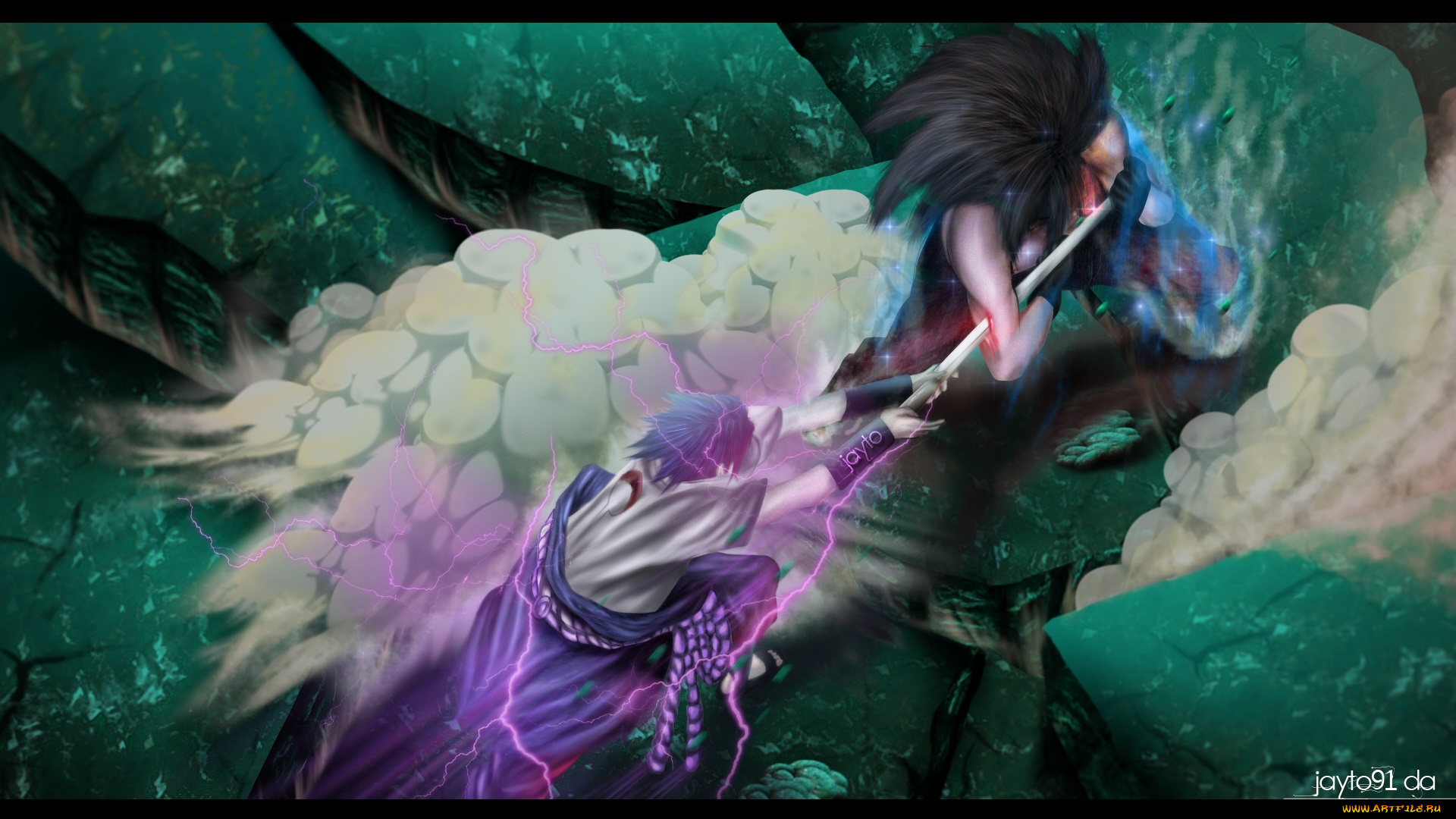 аниме, naruto, саске, мадара, учиха, бой, чидори, катана, камни, пыль