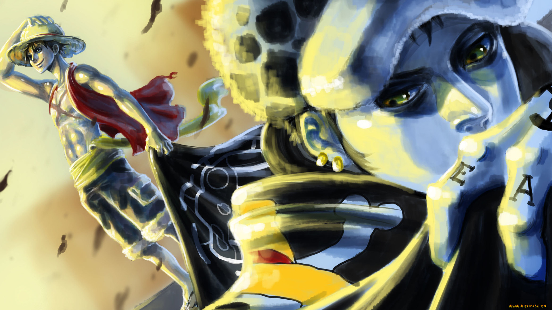 аниме, one, piece, шляпа, ветер, парни, trafalgar, law, monkey, d, luffy