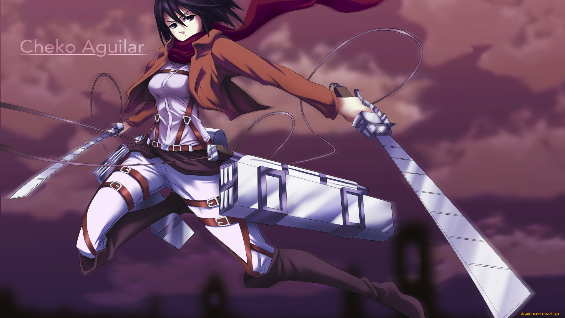 аниме, shingeki, no, kyojin, art, cheko, aguilar, девушка, mikasa, ackerman, взгляд, злость, полет, клинки