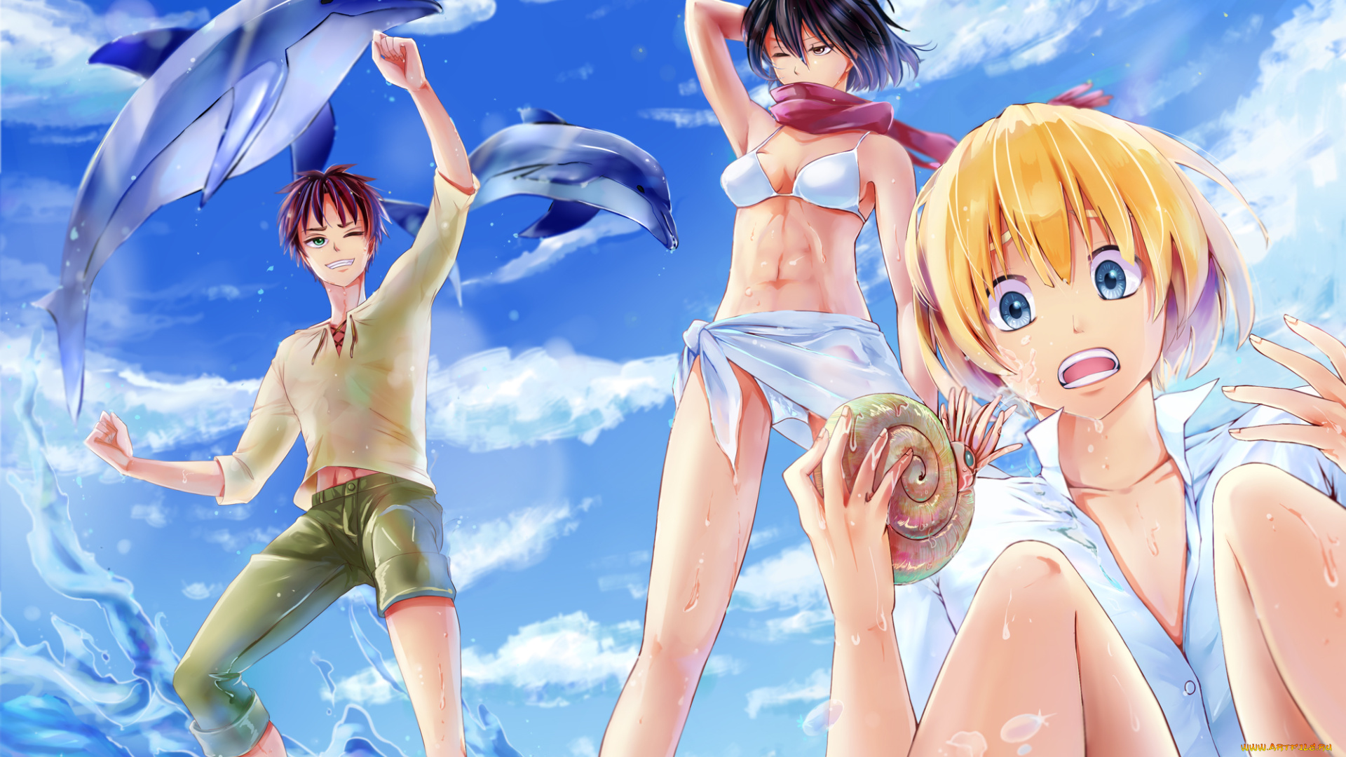 аниме, shingeki, no, kyojin, art, девушка, mikasa, ackerman, парни, eren, jaeger, armin, arlert, радость, удивление, бикини, море, дельфины