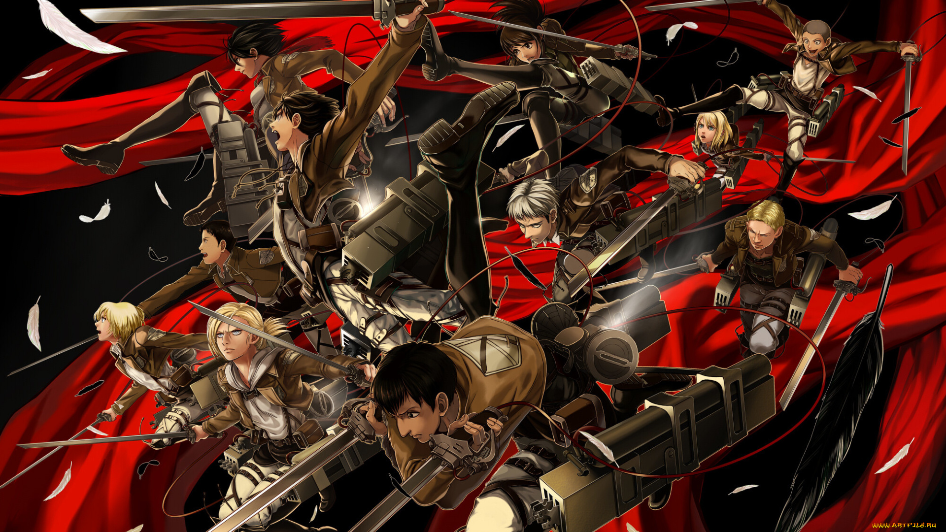 аниме, shingeki, no, kyojin, art, kanikajika, девушки, парни, annie, leonhardt, armin, arlert, bertholt, fubar, christa, renz, conny, springer, eren, jaeger, jean, kirchstein, mikasa, ackerman, reiner, braun, sasha, browse, злость, радость, полет, клинки, солдаты, перья, шарф