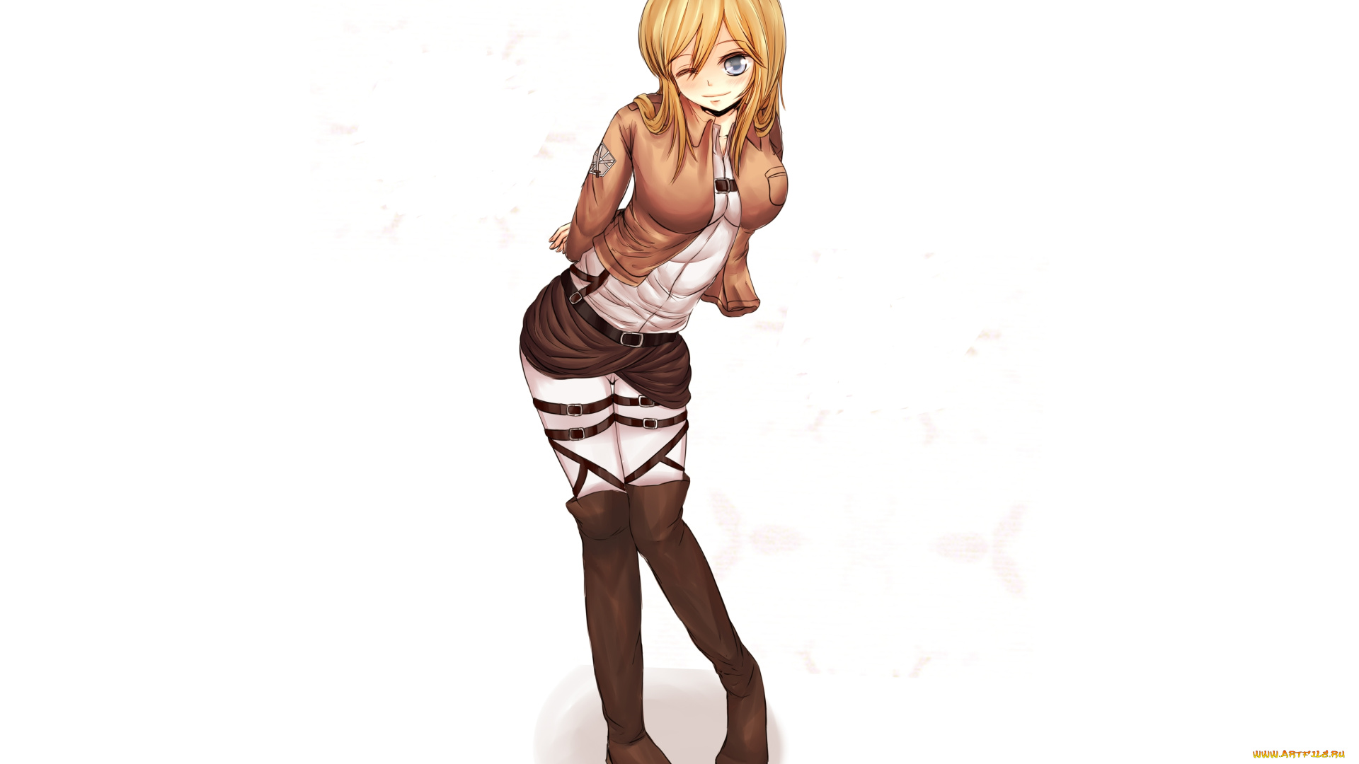 аниме, shingeki, no, kyojin, белый, фон, форма, art, солдат, грудь, подмигивает, улыбка, взгляд, christa, renz, девушка