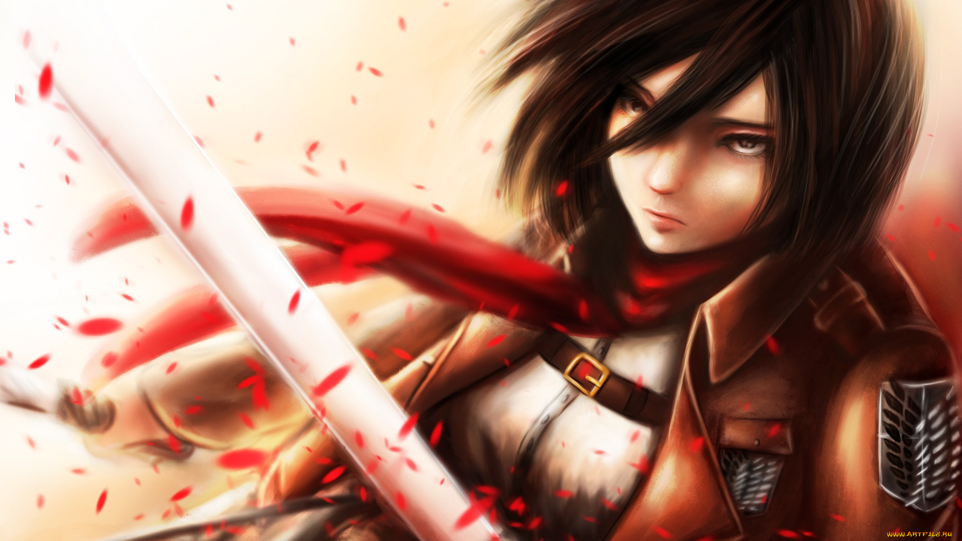 аниме, shingeki, no, kyojin, девушка, mikasa, ackerman, злость, клинки, солдат, лепестки