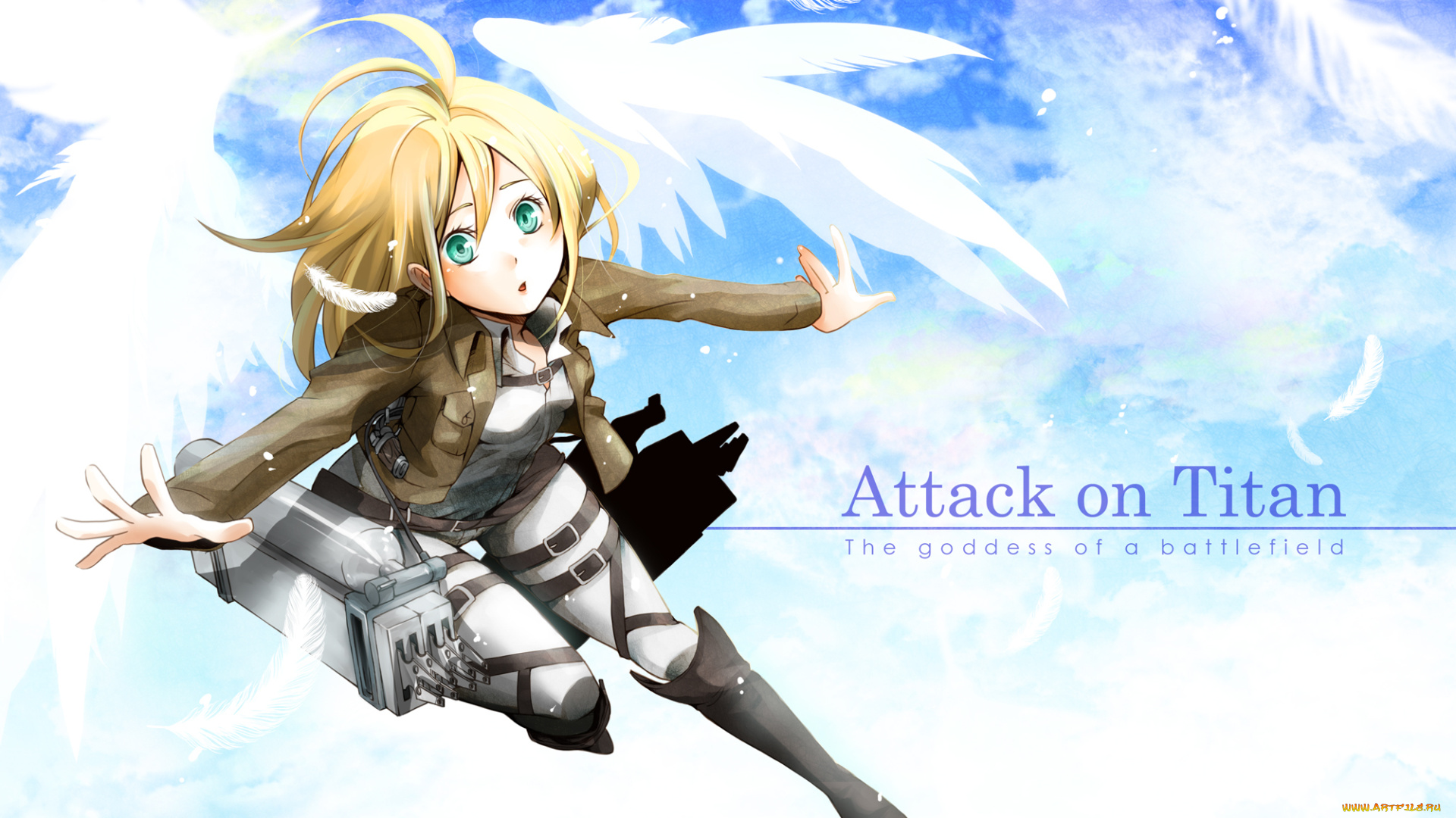 аниме, shingeki, no, kyojin, девушка, удивление, крылья, взгляд, christa, renz, ангел, небо, полет, солдат, приспособления, перья, art