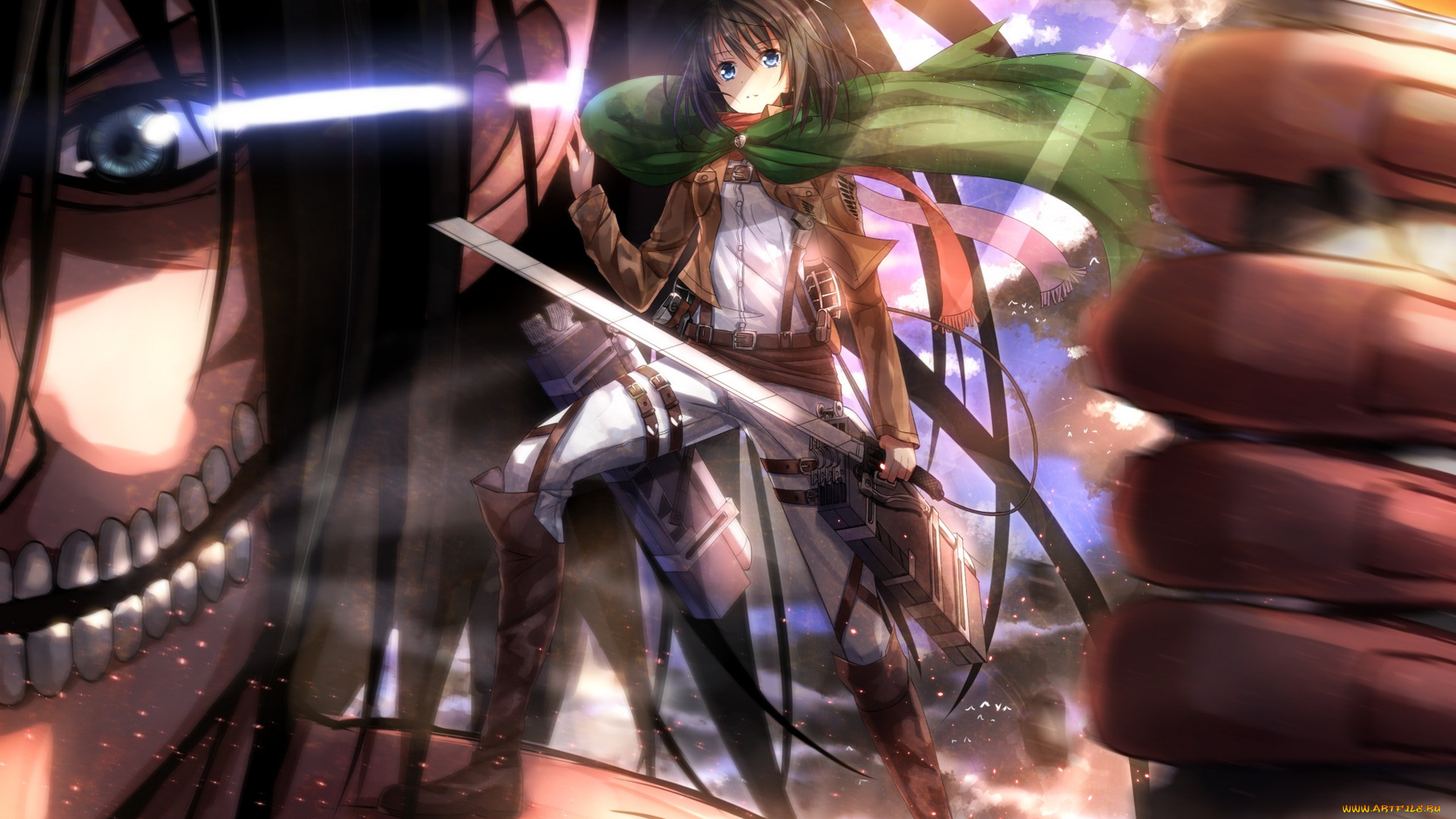 аниме, shingeki, no, kyojin, дым, жест, титан, оружие, взгляд, eren, jaeger, парень, mikasa, ackerman, девушка, гигант, клинки