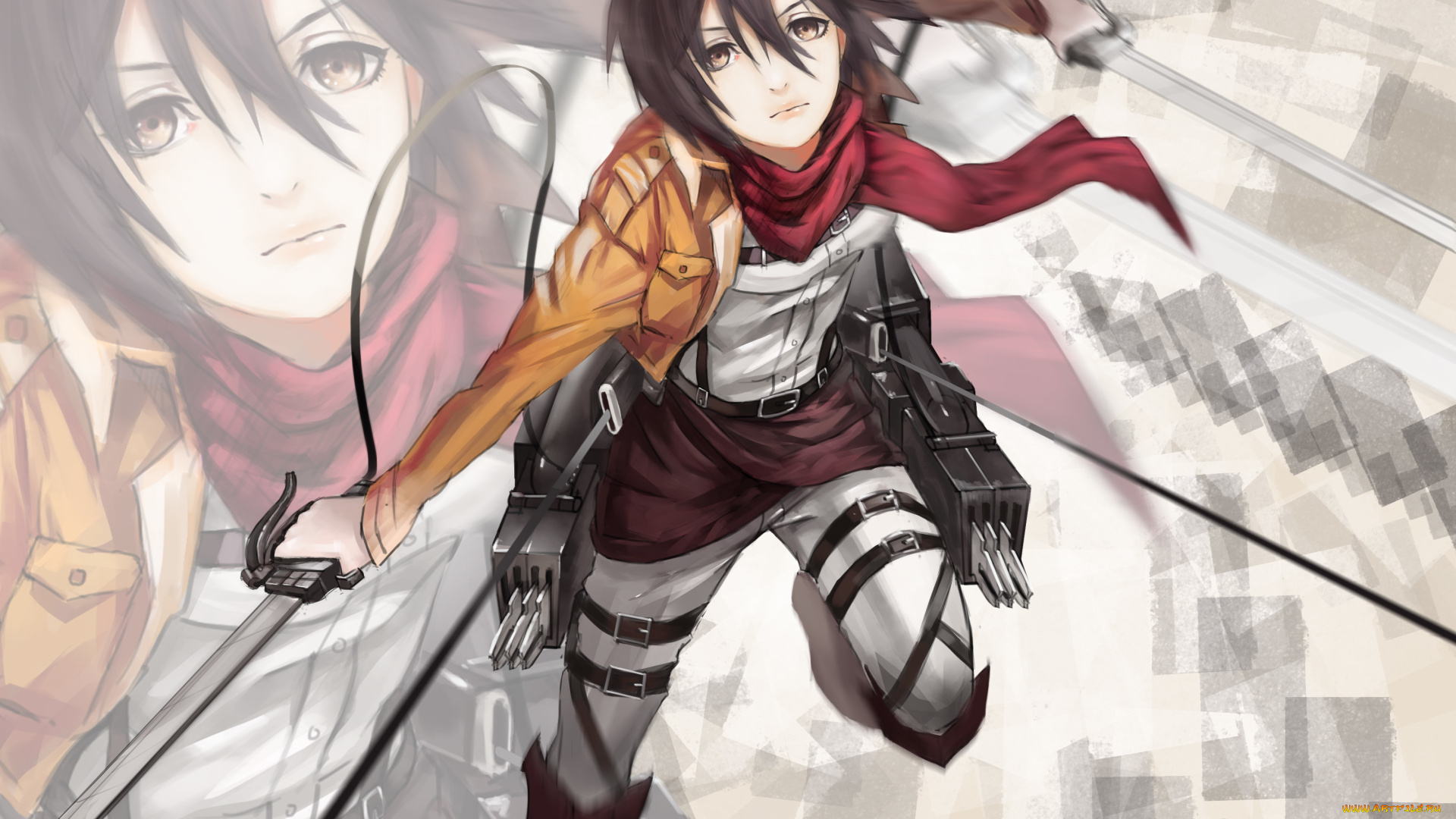 аниме, shingeki, no, kyojin, фон, солдат, тросы, взгляд, mikasa, ackerman, девушка, полет, клинки