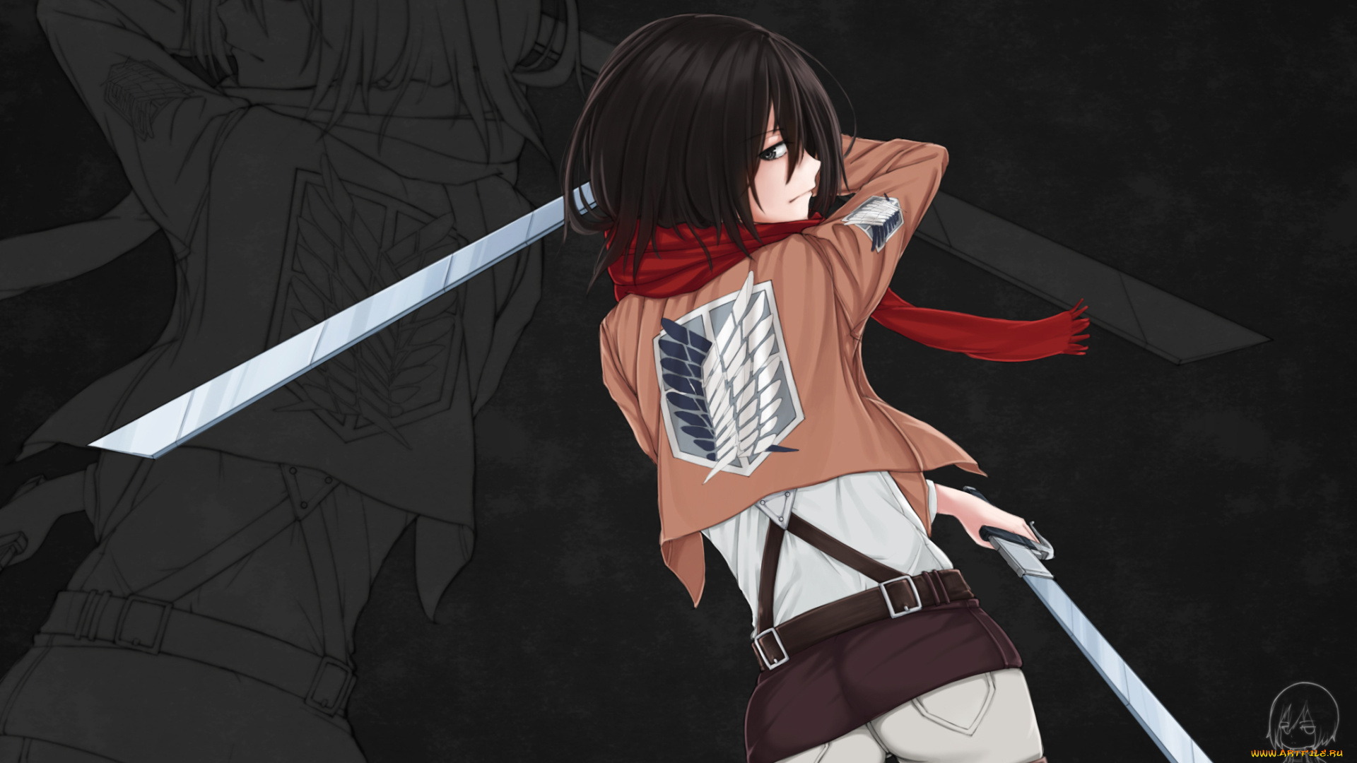 аниме, shingeki, no, kyojin, форма, попка, жест, оружие, клинки, недовольство, взгляд, mikasa, ackerman, девушка