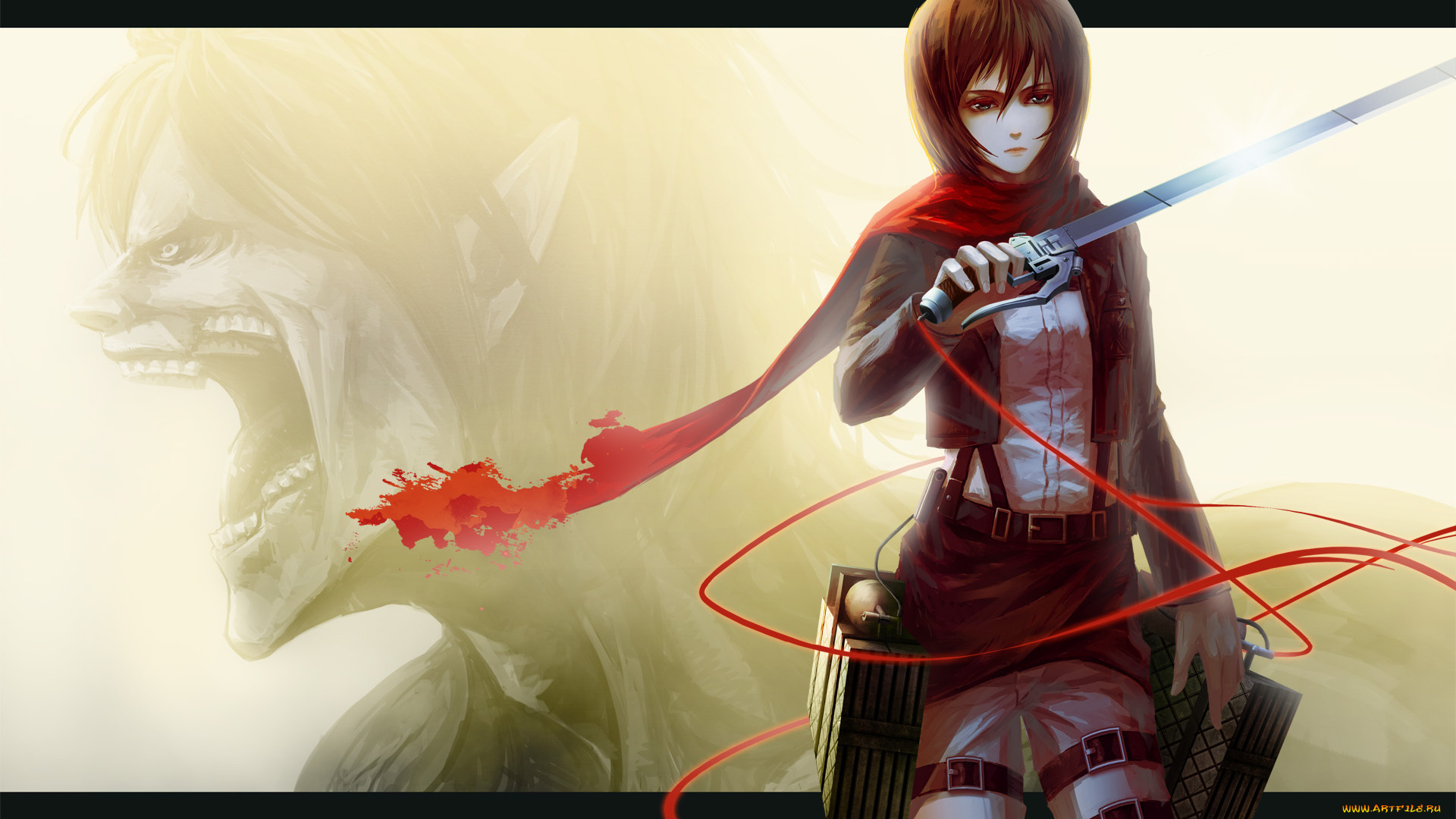 аниме, shingeki, no, kyojin, гигант, пояс, клинки, апатия, безразличие, mikasa, ackerman, взгляд, шарф, приспособления, девушка