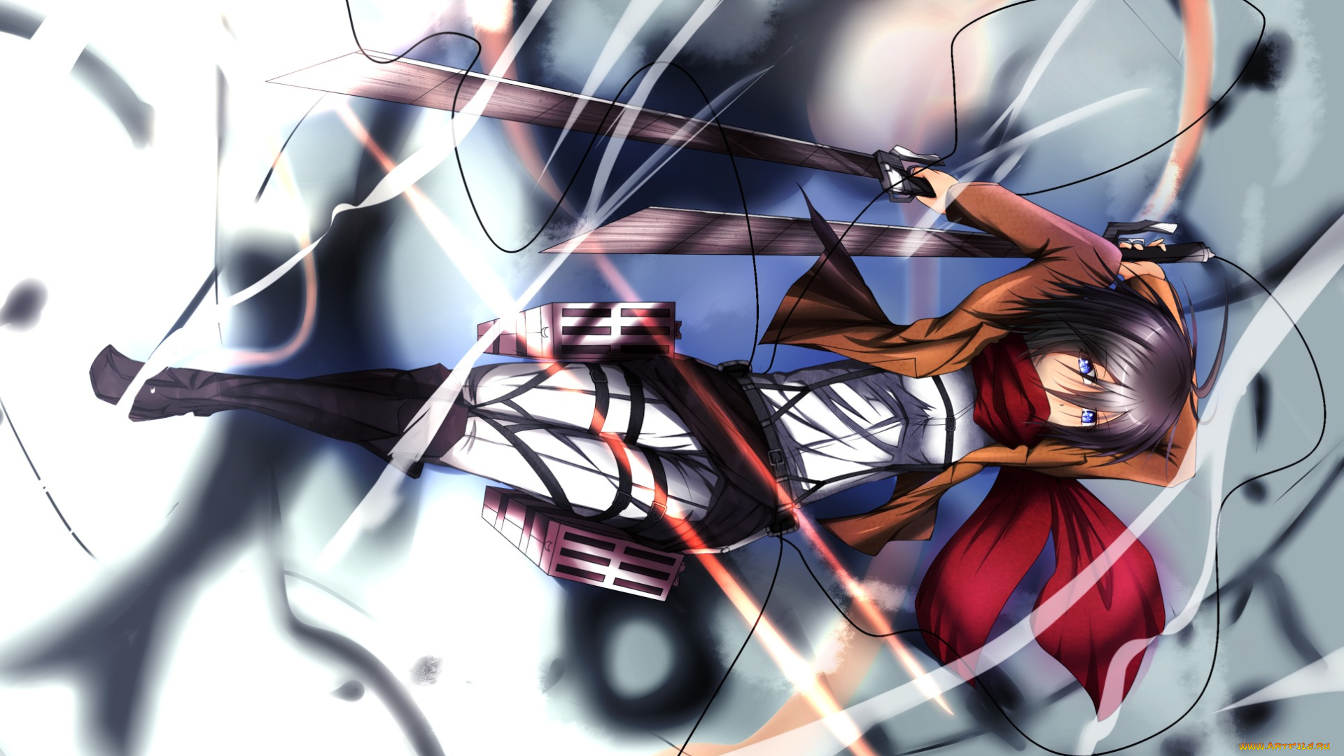 аниме, shingeki, no, kyojin, mikasa, ackerman, разрушения, дым, тросы, девушка, жест, смущение, клинки, полет, art