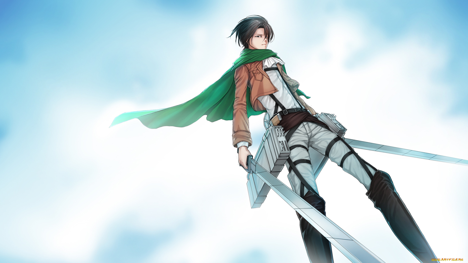 аниме, shingeki, no, kyojin, оружие, клинки, плащ, фон, взгляд, rivaille, парень