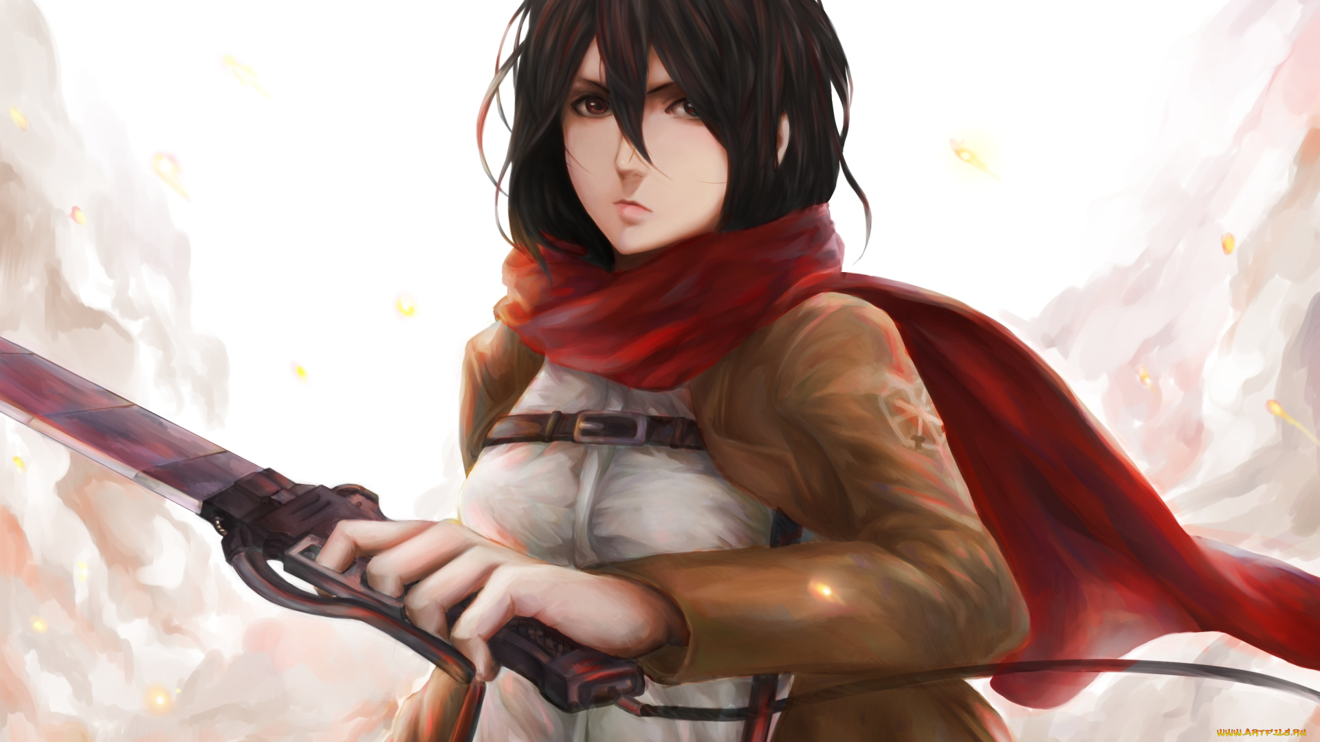 аниме, shingeki, no, kyojin, оружие, солдат, шарф, жест, недовольство, взгляд, mikasa, ackerman, девушка, art