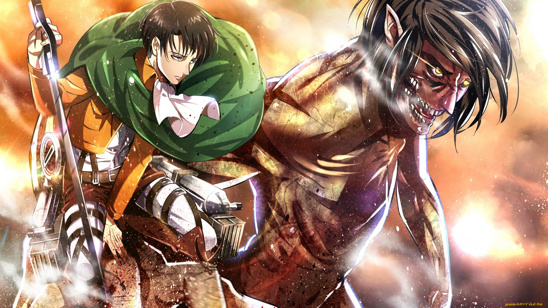 аниме, shingeki, no, kyojin, плащ, настрой, клинки, жест, злость, eren, jaeger, гигант, спокойствие, rivaille, парень