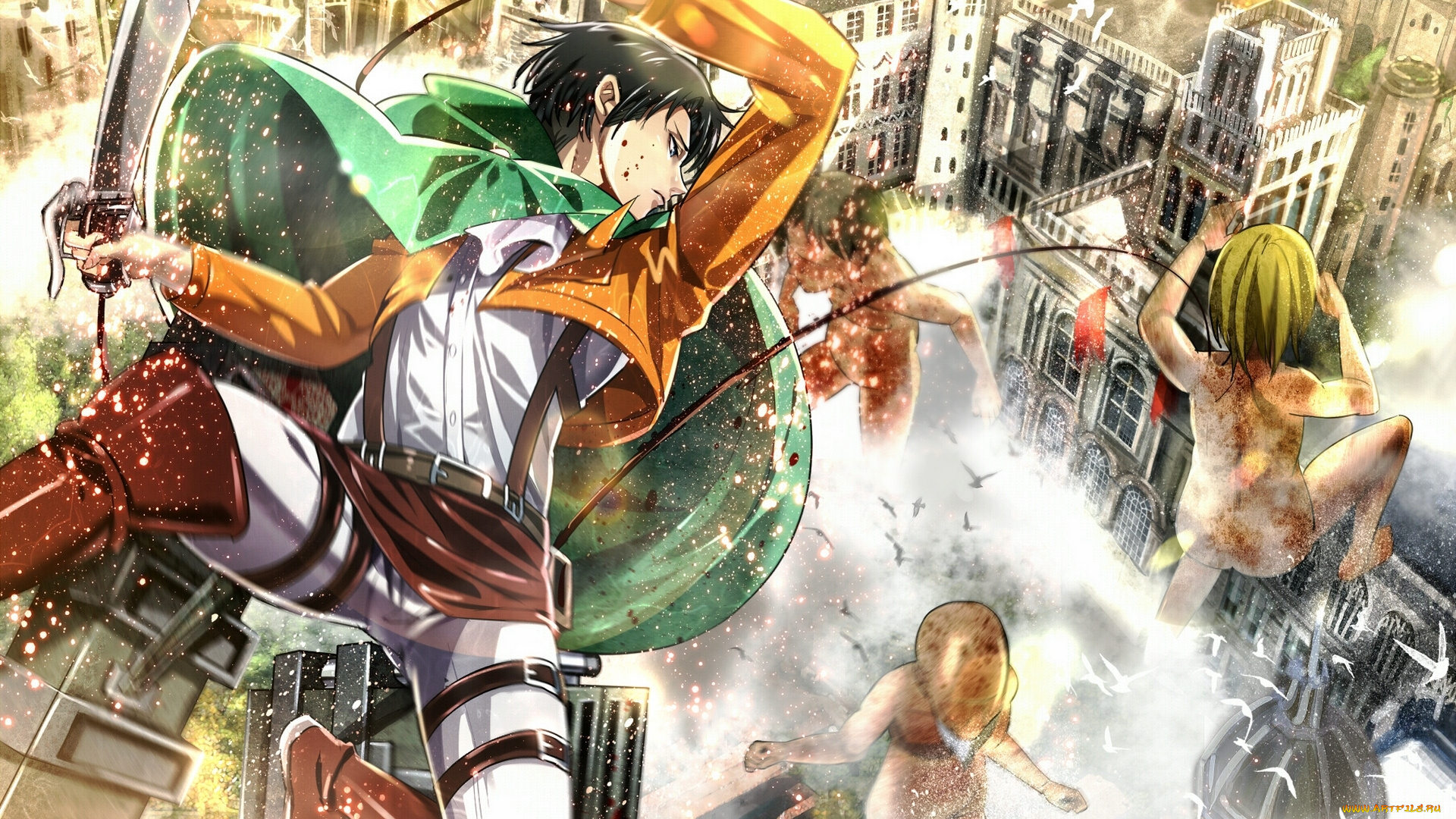 аниме, shingeki, no, kyojin, разрушения, город, кровь, гиганты, полет, солдат, клинки, бой, rivaille, парень, yuna, art