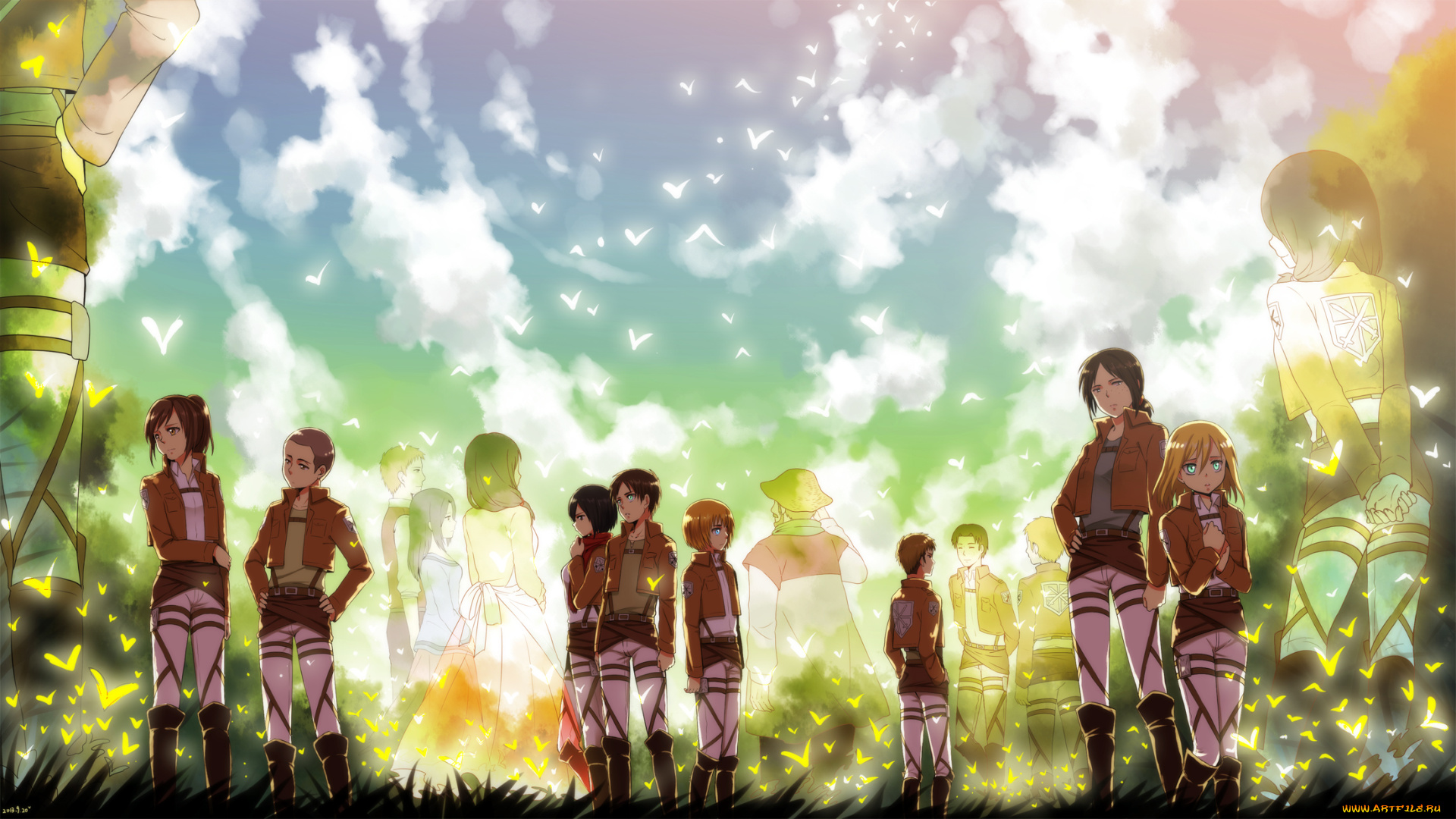 аниме, shingeki, no, kyojin, силуэты, грусть, carla, jaeger, christa, renz, conny, springer, ymir, armin, arlert, sasha, braus, eren, mikasa, ackerman, солдаты, поле, парни, девушки