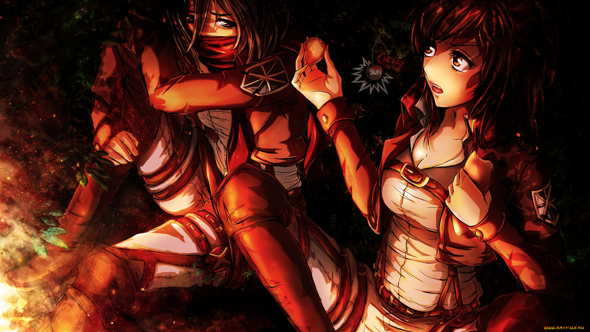 аниме, shingeki, no, kyojin, смущение, форма, взгляд, sasha, browse, mikasa, ackerman, девушки, солдаты, костер