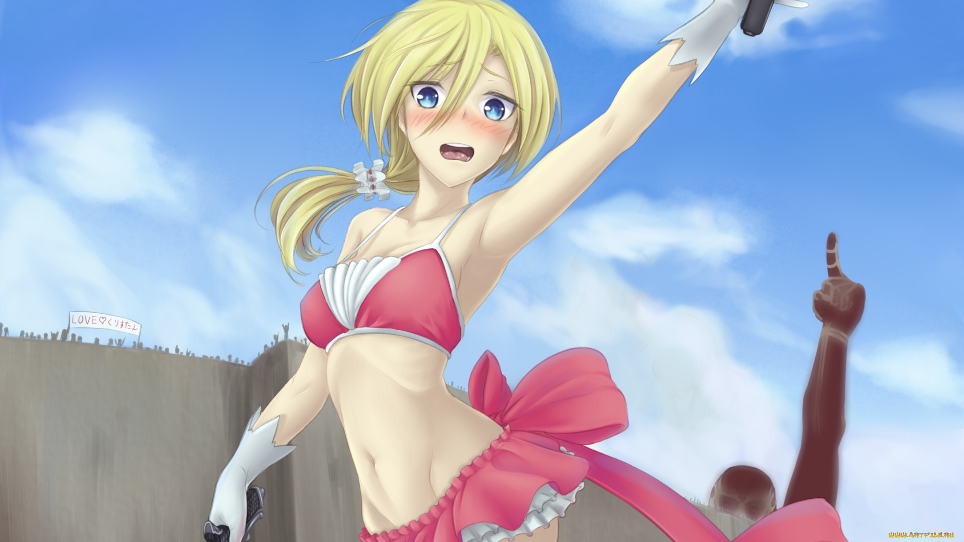 аниме, shingeki, no, kyojin, смущение, микрофон, поза, взгляд, christa, renz, стена, девушка