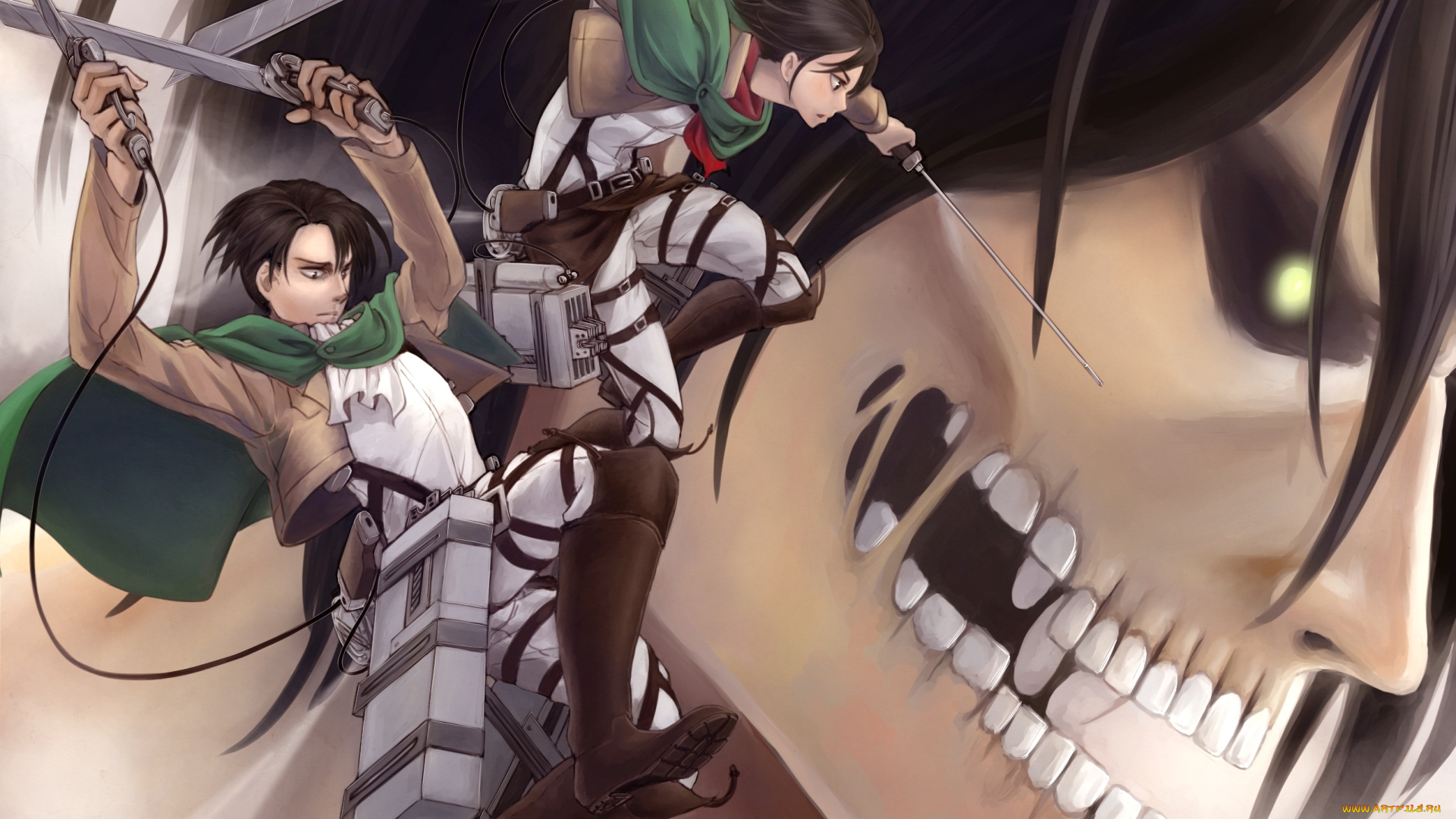 аниме, shingeki, no, kyojin, титан, mikasa, ackerman, вторжение, гигантов, парень, оружие, зубы, shingeki, no, kyojin, sora-tsu, арт, девушка, rogue, titan, levi