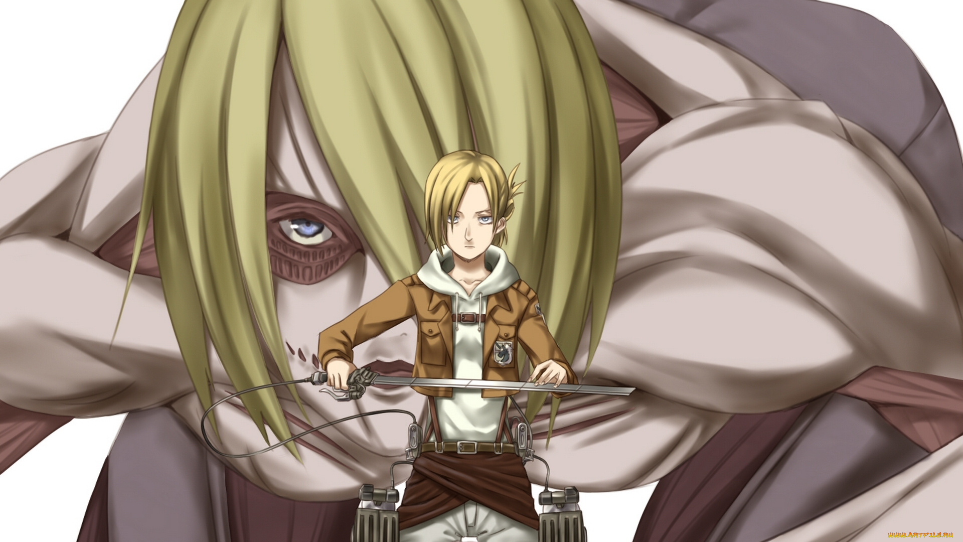 аниме, shingeki, no, kyojin, взгляд, annie, leonhardt, оружие, простой, фон, гигант, солдат, девушка