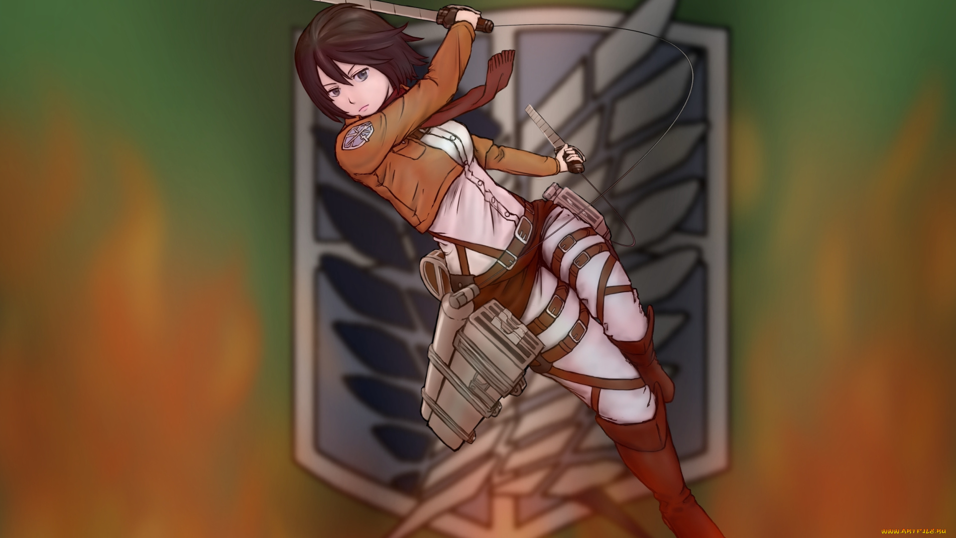аниме, shingeki, no, kyojin, знамя, тросы, клинки, оружие, mikasa, ackerman, жест, настрой, взгляд, девушка