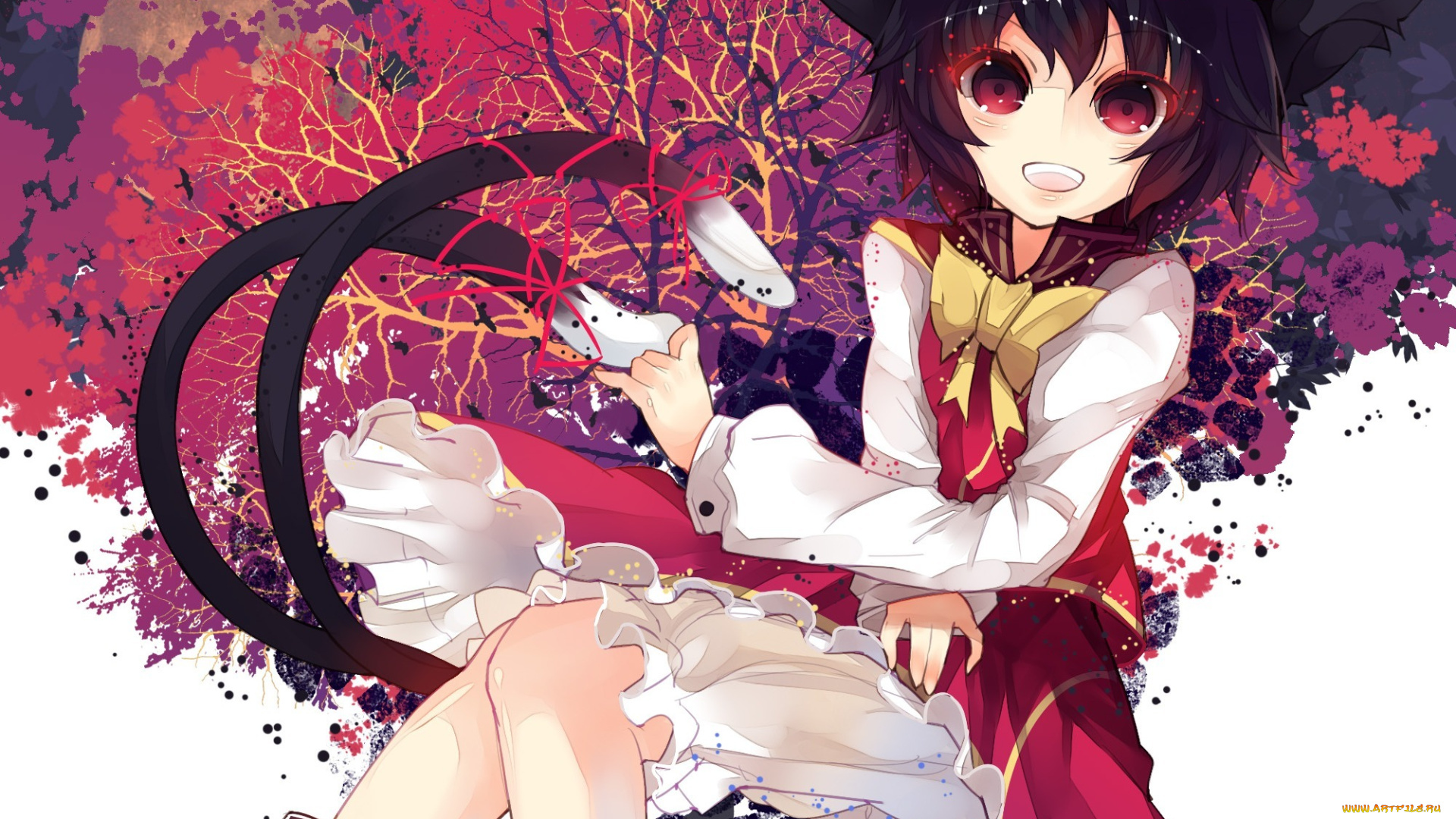 аниме, touhou, чепчик, улыбка, хвосты, ушки, девушка, chen, арт, rain, lan