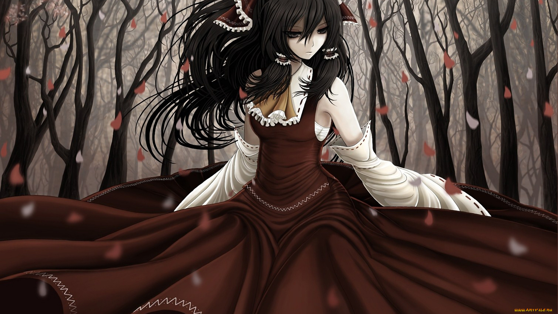 аниме, touhou, листья, бант, деревья, девушка