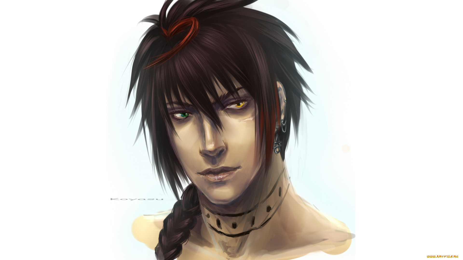 аниме, *unknown, , другое, портрет, лицо, тату, коса, глаза, разные, шатен, парень