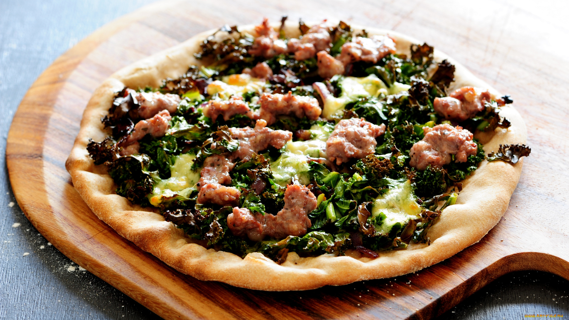 еда, пицца, начинка, зелень, доска