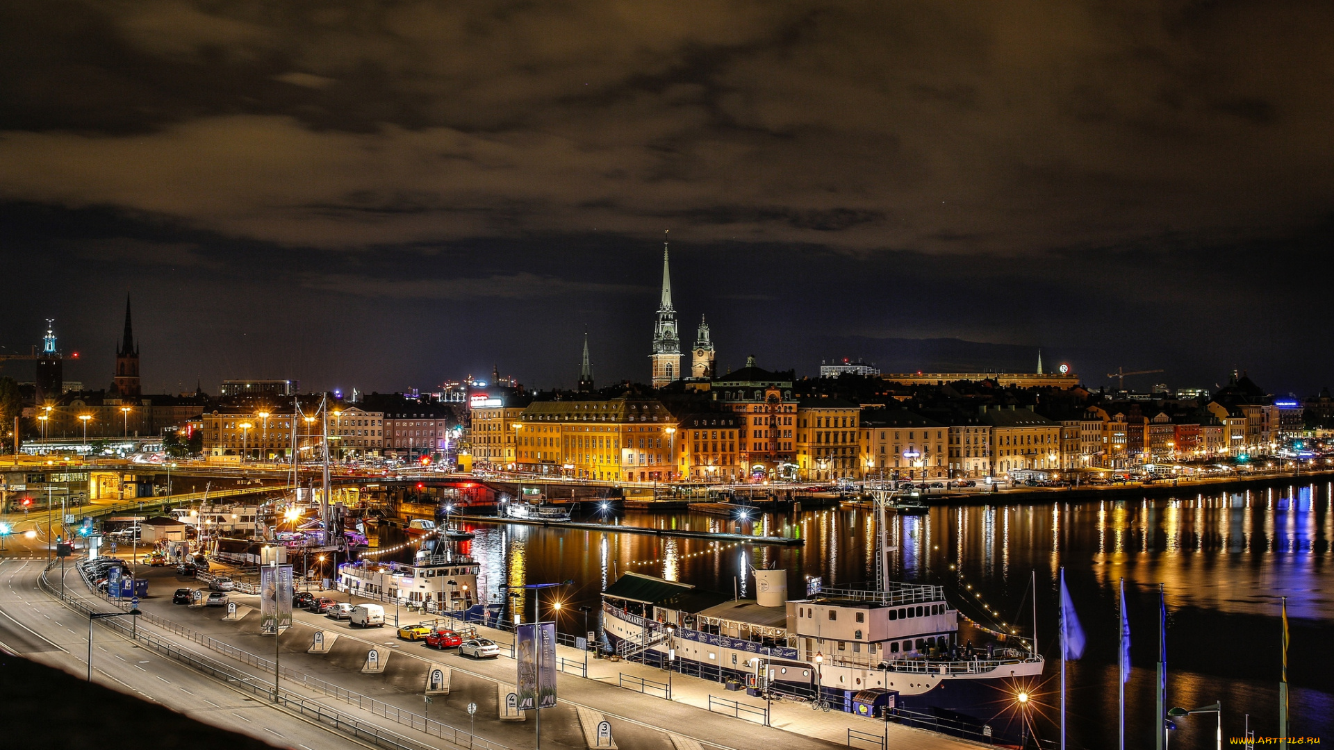 города, стокгольм, , швеция, набережная, ночь