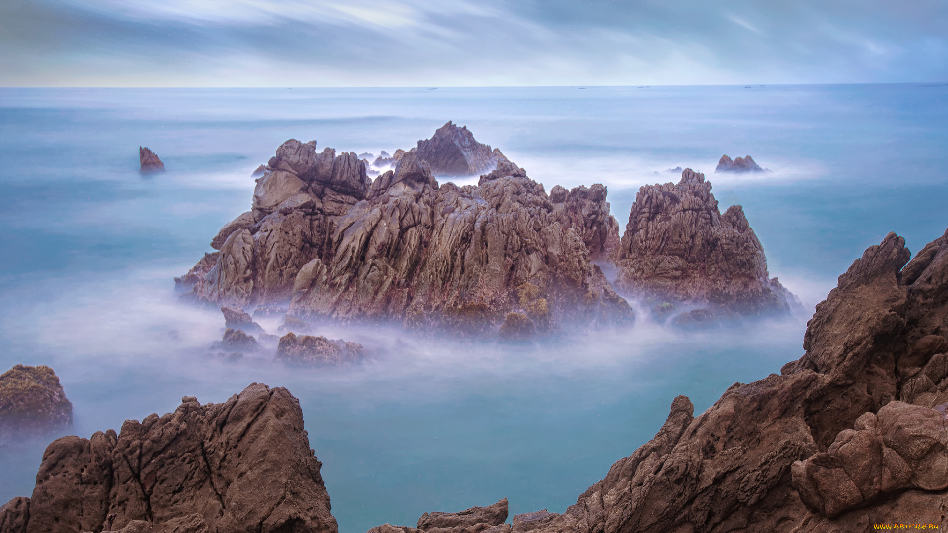 природа, побережье, океан, туман, скалы, горизонт