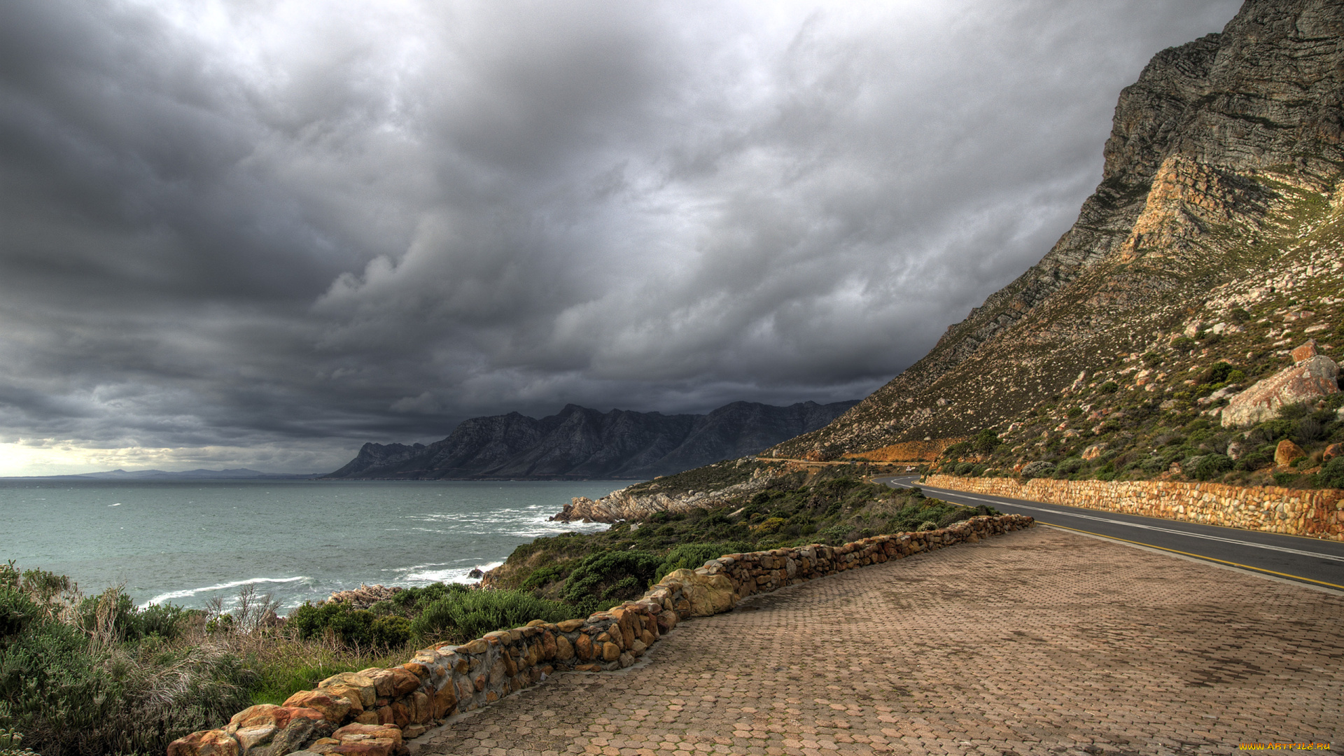 природа, побережье, площадка, поворот, тучи, море, прибой, обрыв, дорога, плитка, шоссе, горы