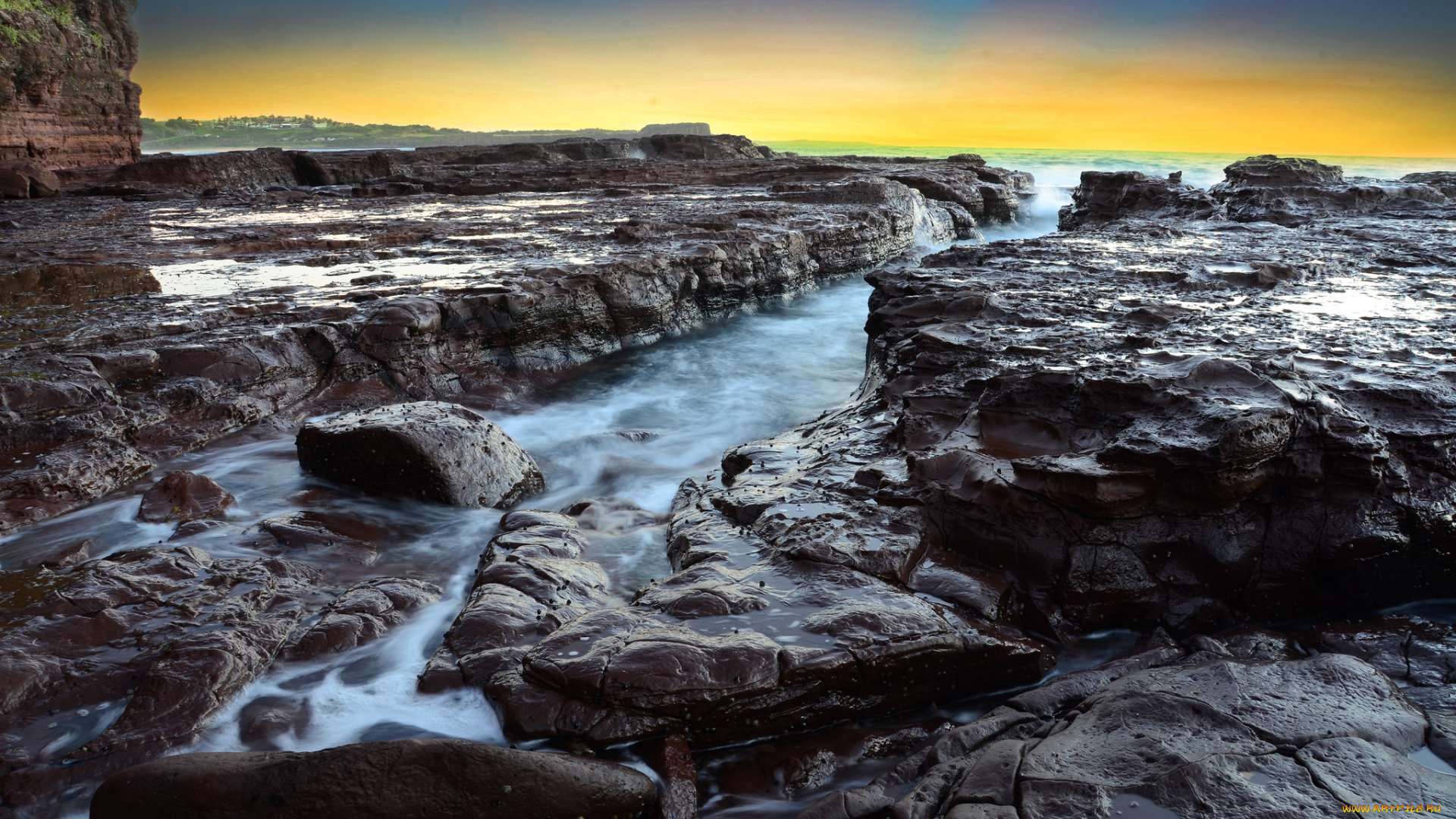 природа, побережье, заря, горизонт, скалы, океан