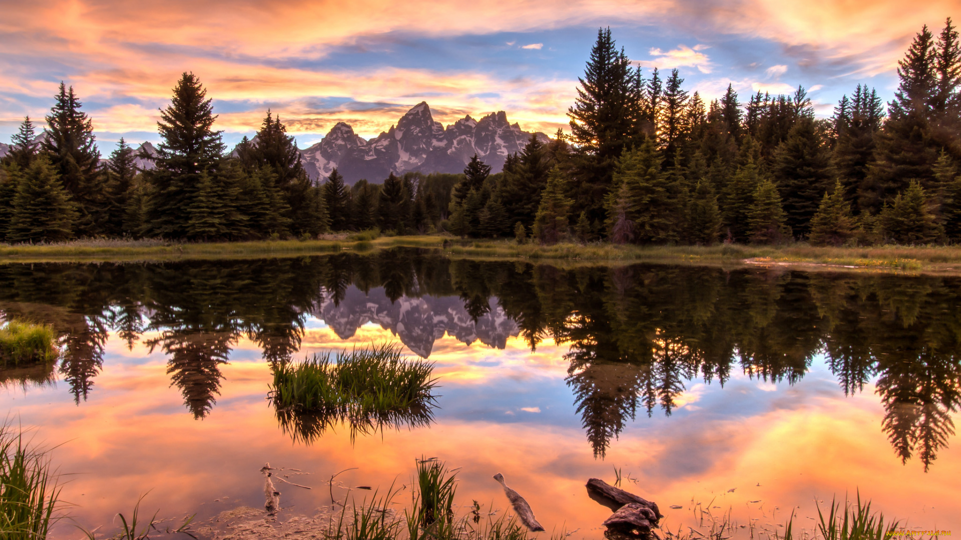 природа, реки, озера, облака, озеро, лес, горы, отражение, зарево