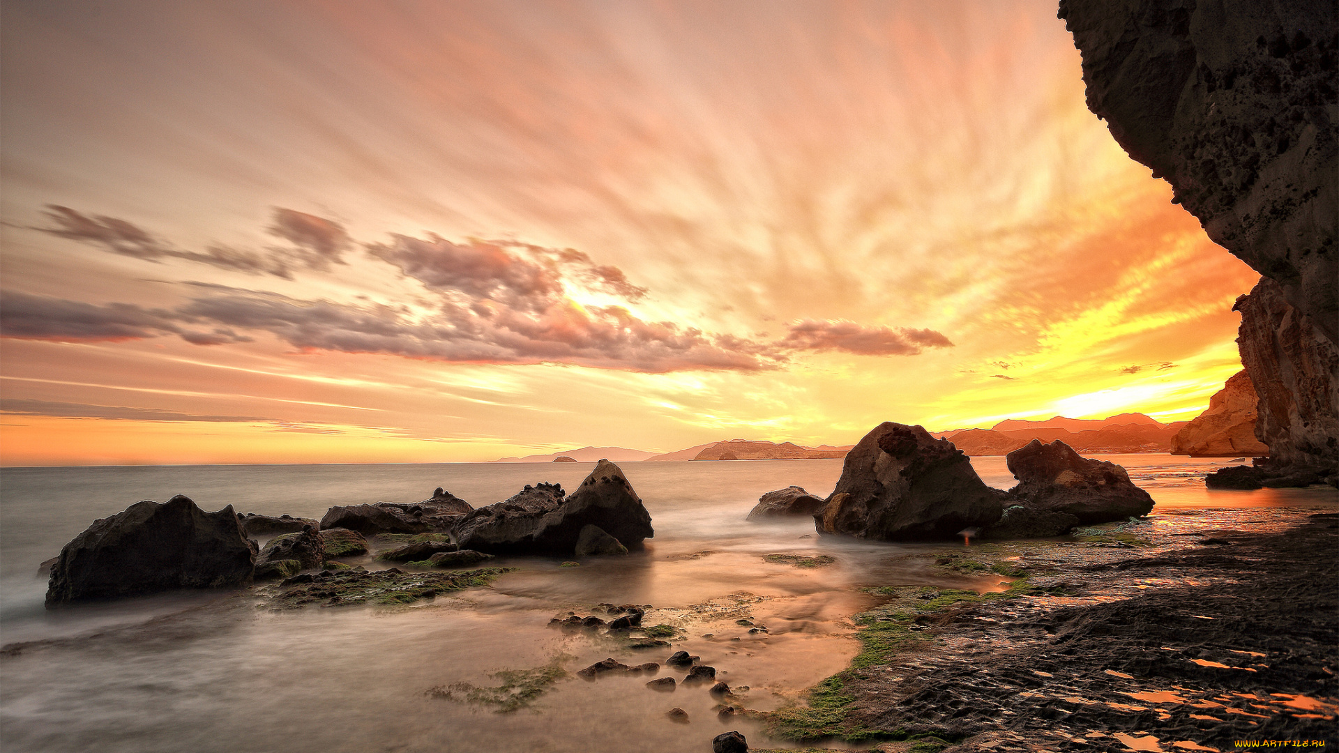 природа, восходы, закаты, океан, горизонт, скалы, тучи, заря