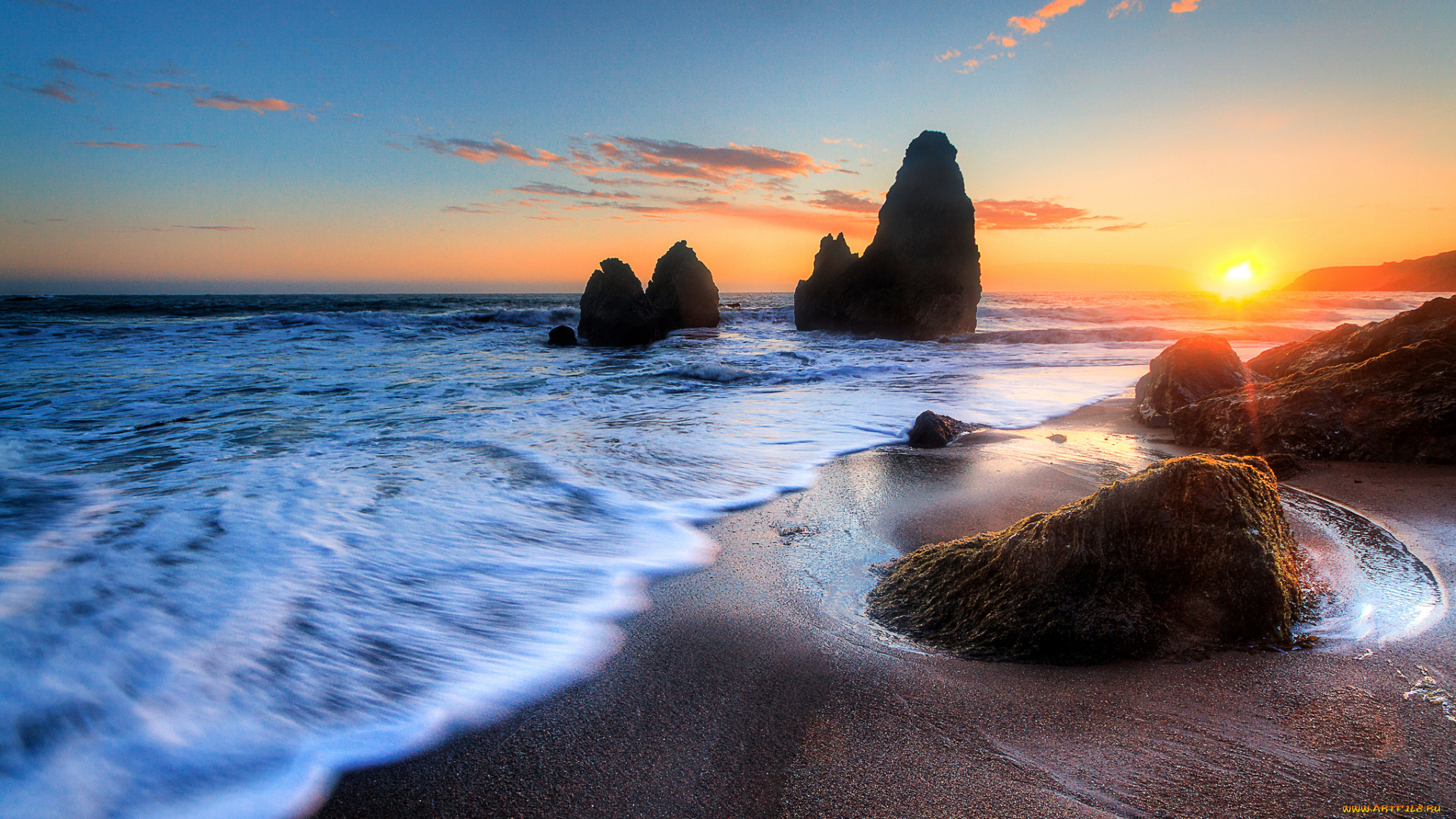 природа, восходы, закаты, пена, горизонт, пляж, волны, заря, океан