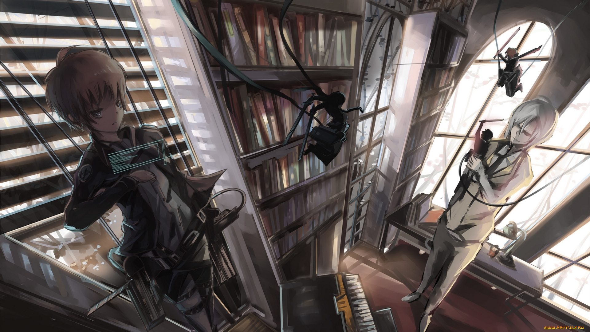 psycho-pass, &, shingeki, no, kyojin, аниме, psycho-pass, арт, вторжениегигантов, makishima, shougo, qianqian, shingeki, no, kyojin, книги, комната, гиганты, парень, девушка, tsunemori, akane, оружие, рояль