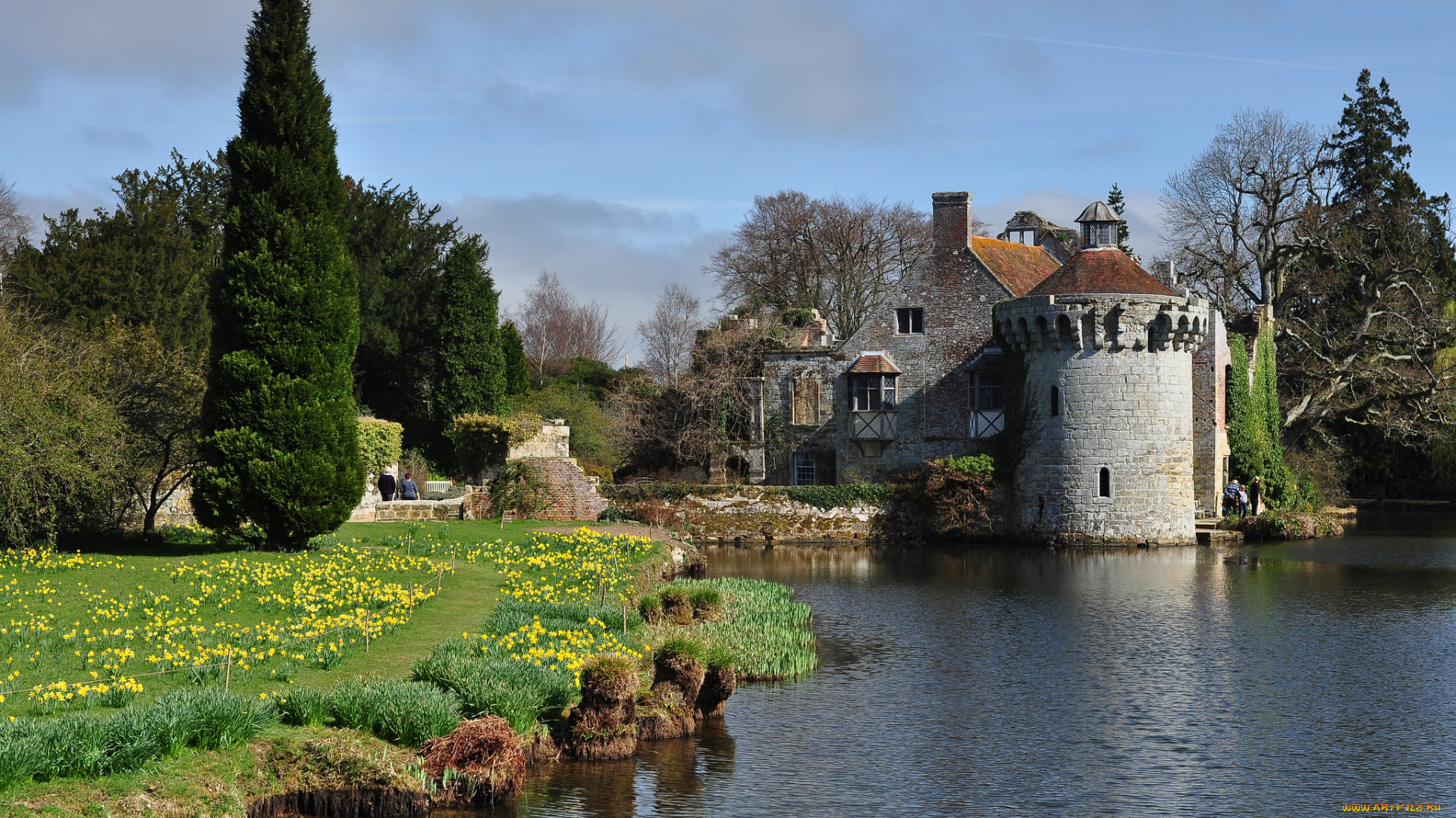 scotney, castle, города, -, дворцы, , замки, , крепости, река, замок, цветы