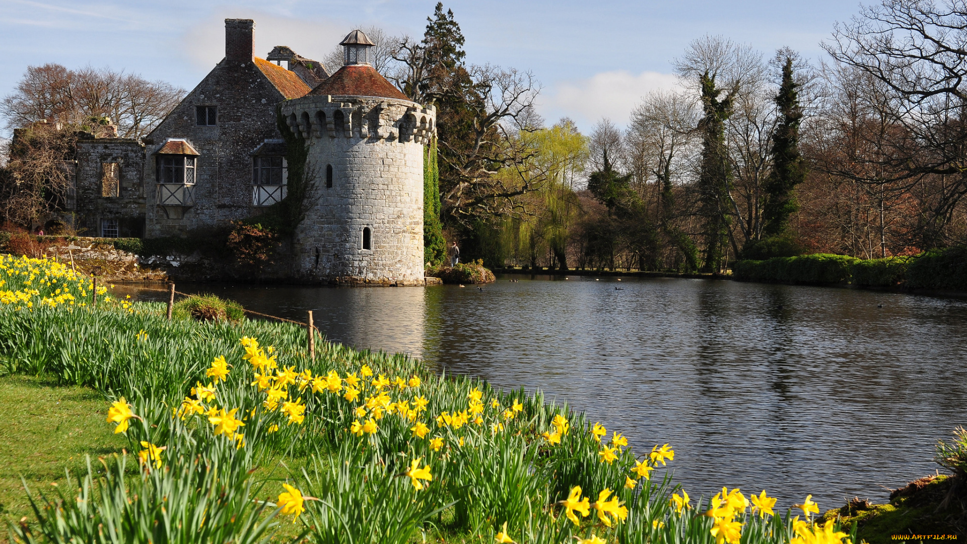 scotney, castle, города, -, дворцы, , замки, , крепости, река, цветы, замок