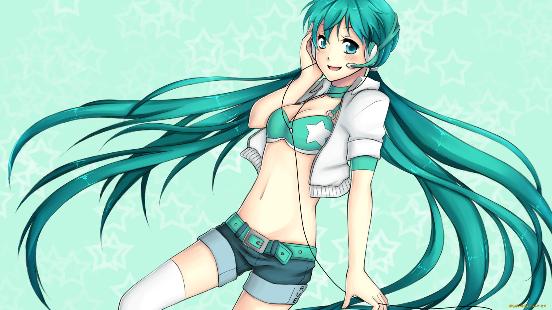 vocaloid, аниме, hatsune, miku, девушка, наушники, фон, хвостики, арт