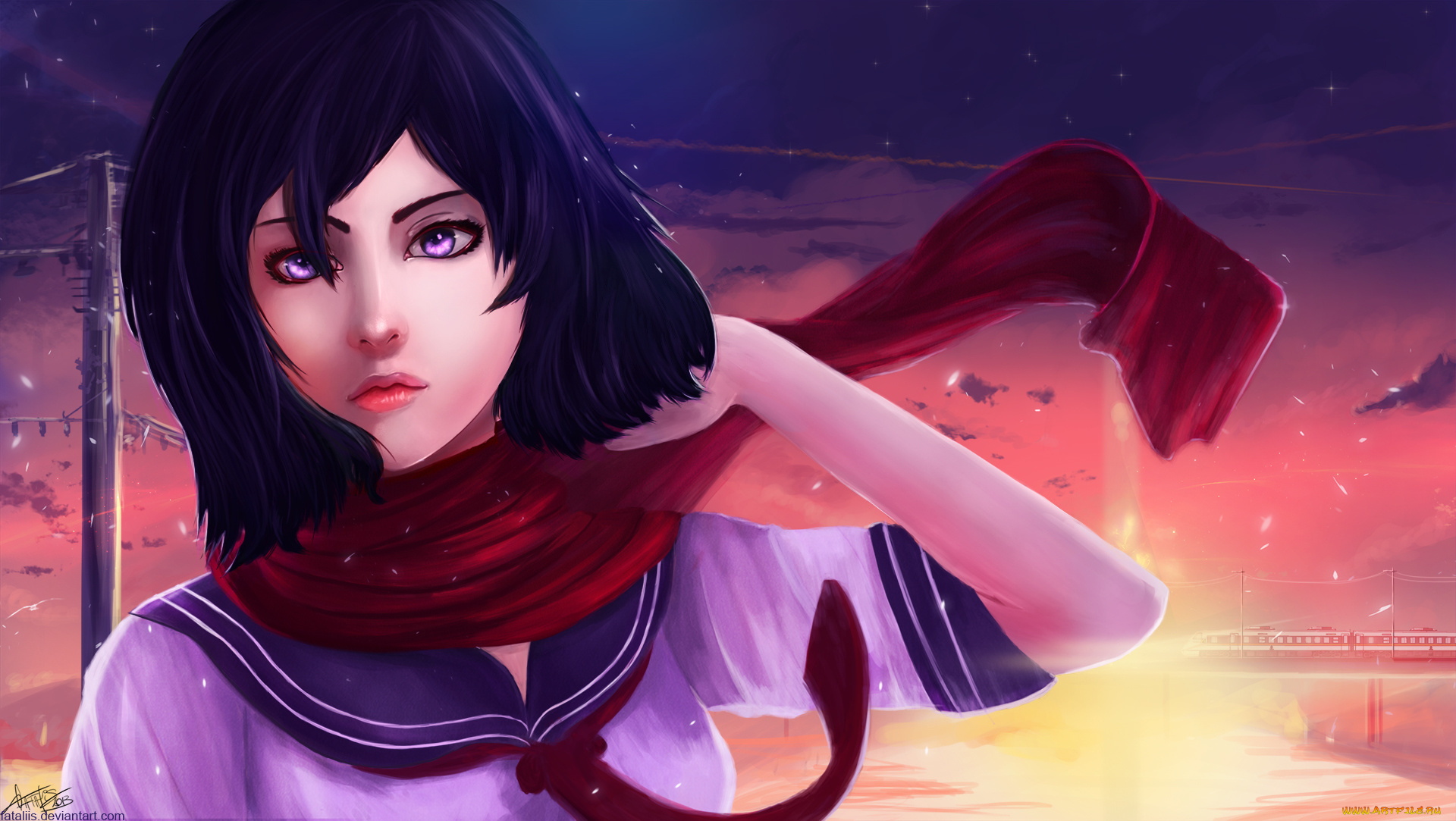 аниме, shingeki, no, kyojin, девушка, mikasa, ackerman, взгляд, жест, шарф, закат, поезд