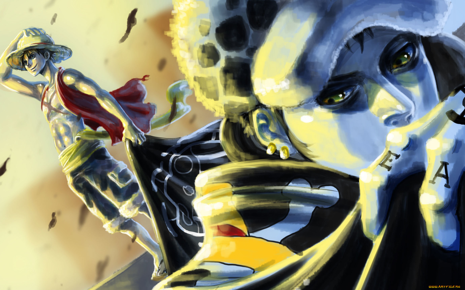 аниме, one, piece, шляпа, ветер, парни, trafalgar, law, monkey, d, luffy