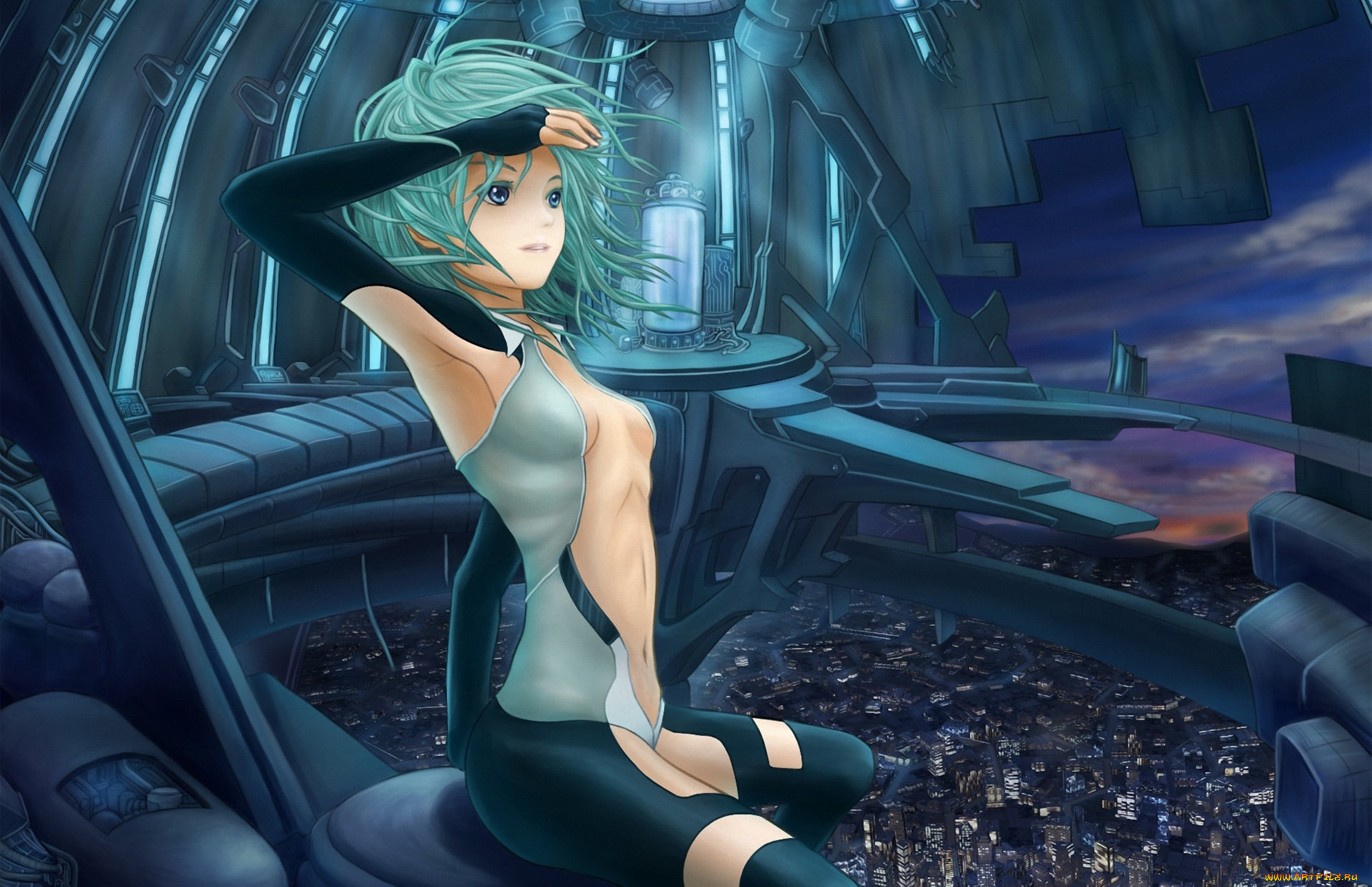 vocaloid, аниме, арт, вокалоид, hatsune, miku, девушка, высота, город, ветер