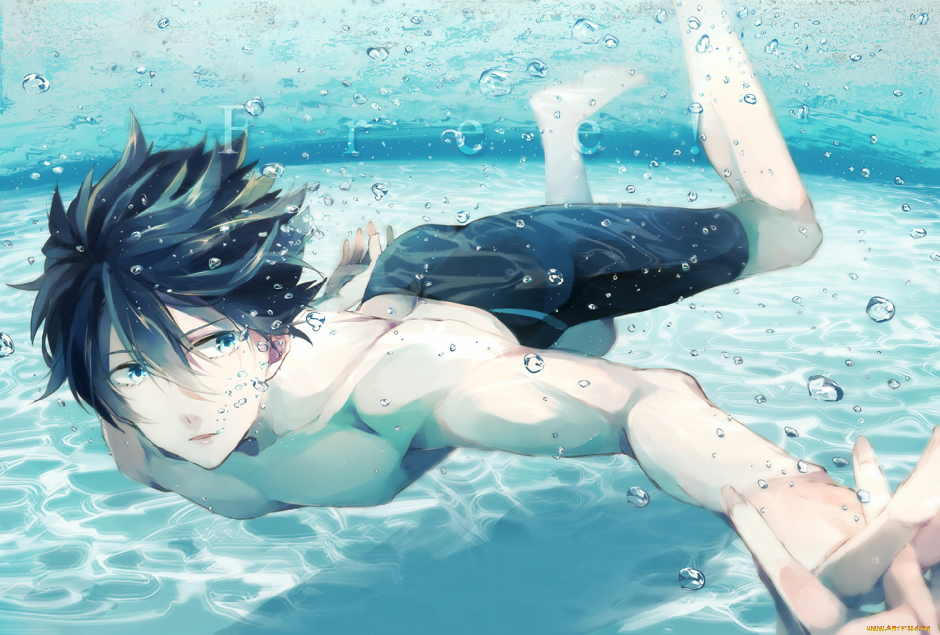 аниме, free, пузырьки, плывёт, брюнет, вода, парень