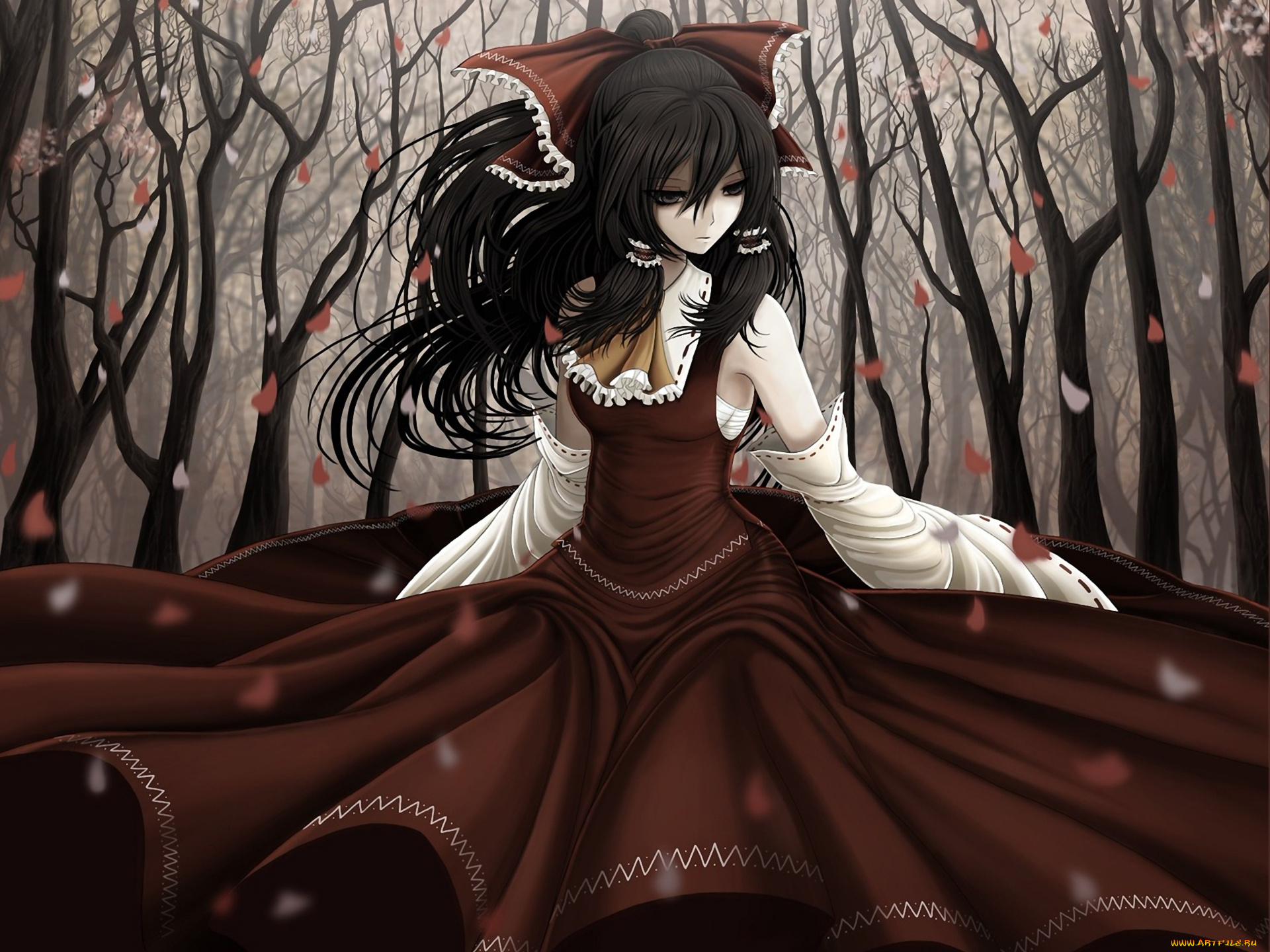 аниме, touhou, листья, бант, деревья, девушка