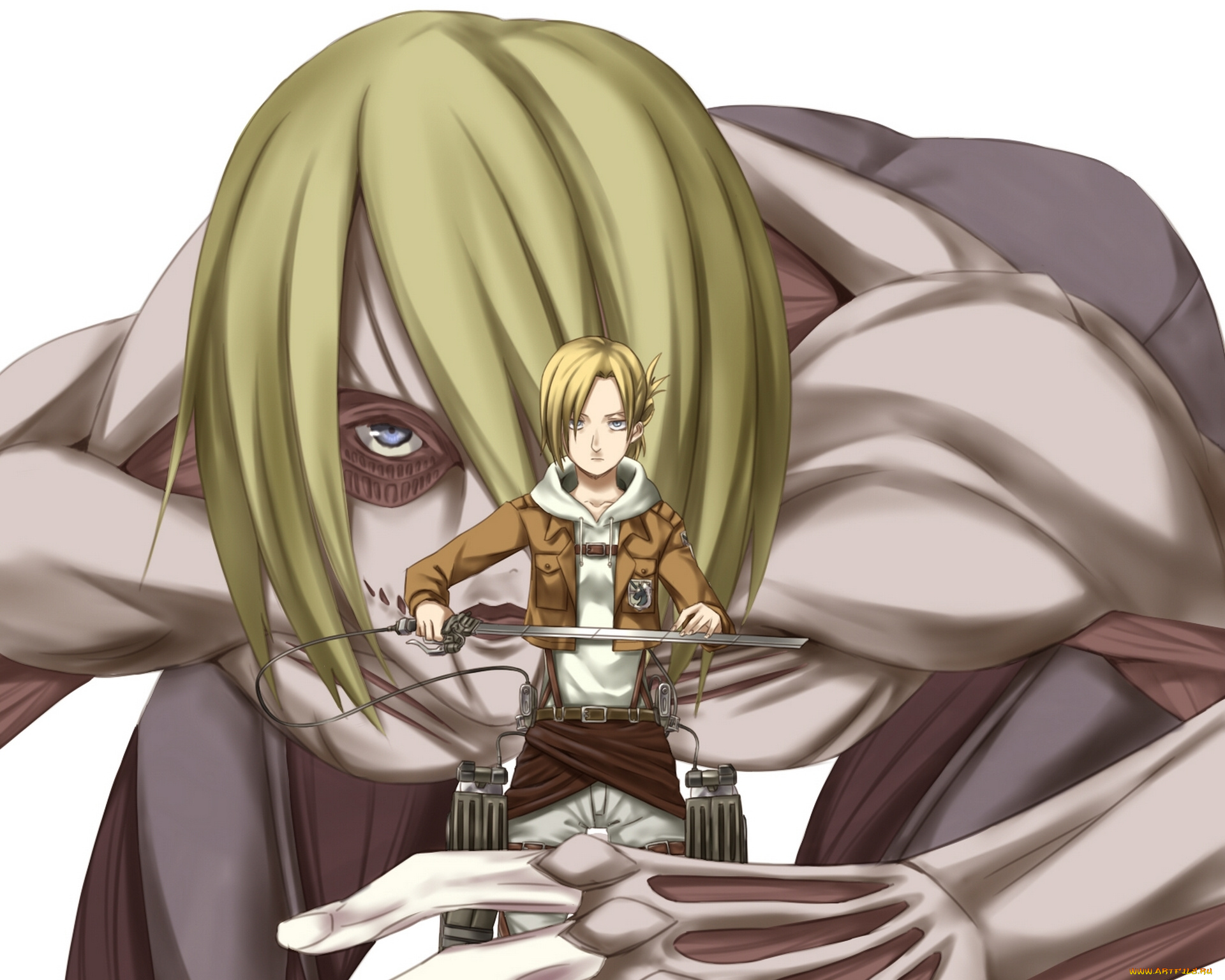 аниме, shingeki, no, kyojin, взгляд, annie, leonhardt, оружие, простой, фон, гигант, солдат, девушка